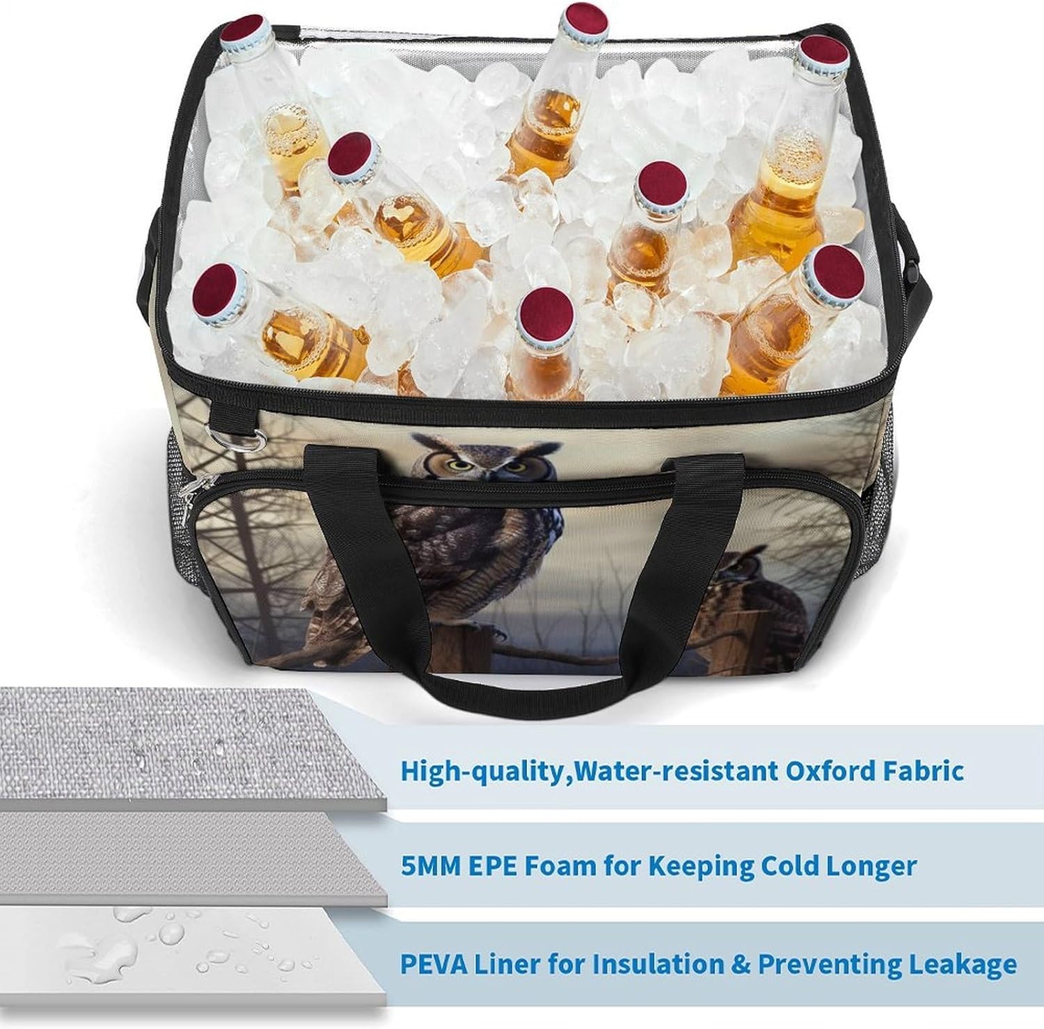 Large Capacity Oxford Cloth Owl Sitting Tree Fence Printed Camping Ice Bag, Outdoor Portable Insulation and Cooling Bag, Suitable for Outdoor Camping and Picnics