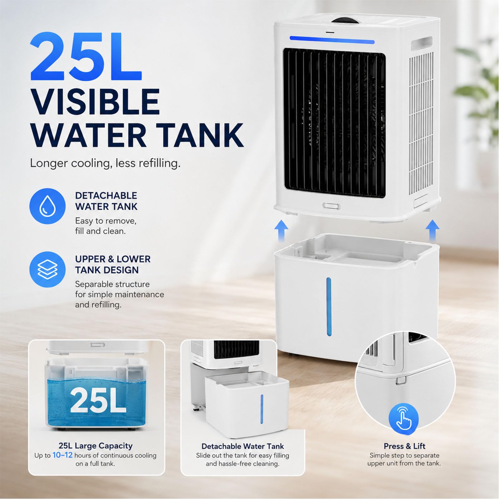 Raffrescatore Evaporativo 25L Lunga Durata, Ventilatore ad Acqua con Telecomando, Climatizzatore Portatile ad Aria Fredda con Timer 12 Ore, per Grandi Stanze, Sale Riunioni, Loft e Saloni