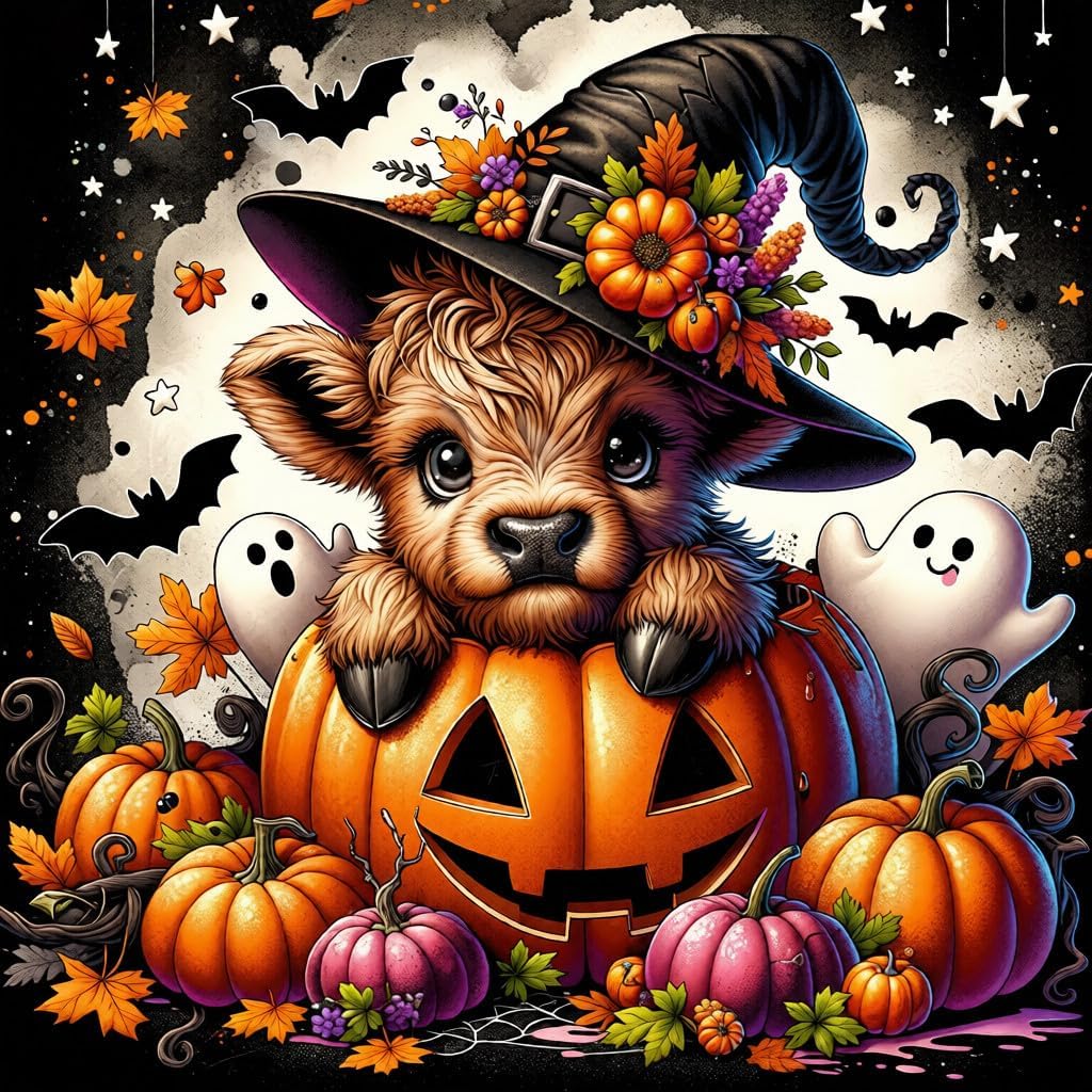 WNPOKN Halloween Highland Cow Diamond Art Kits for Adults