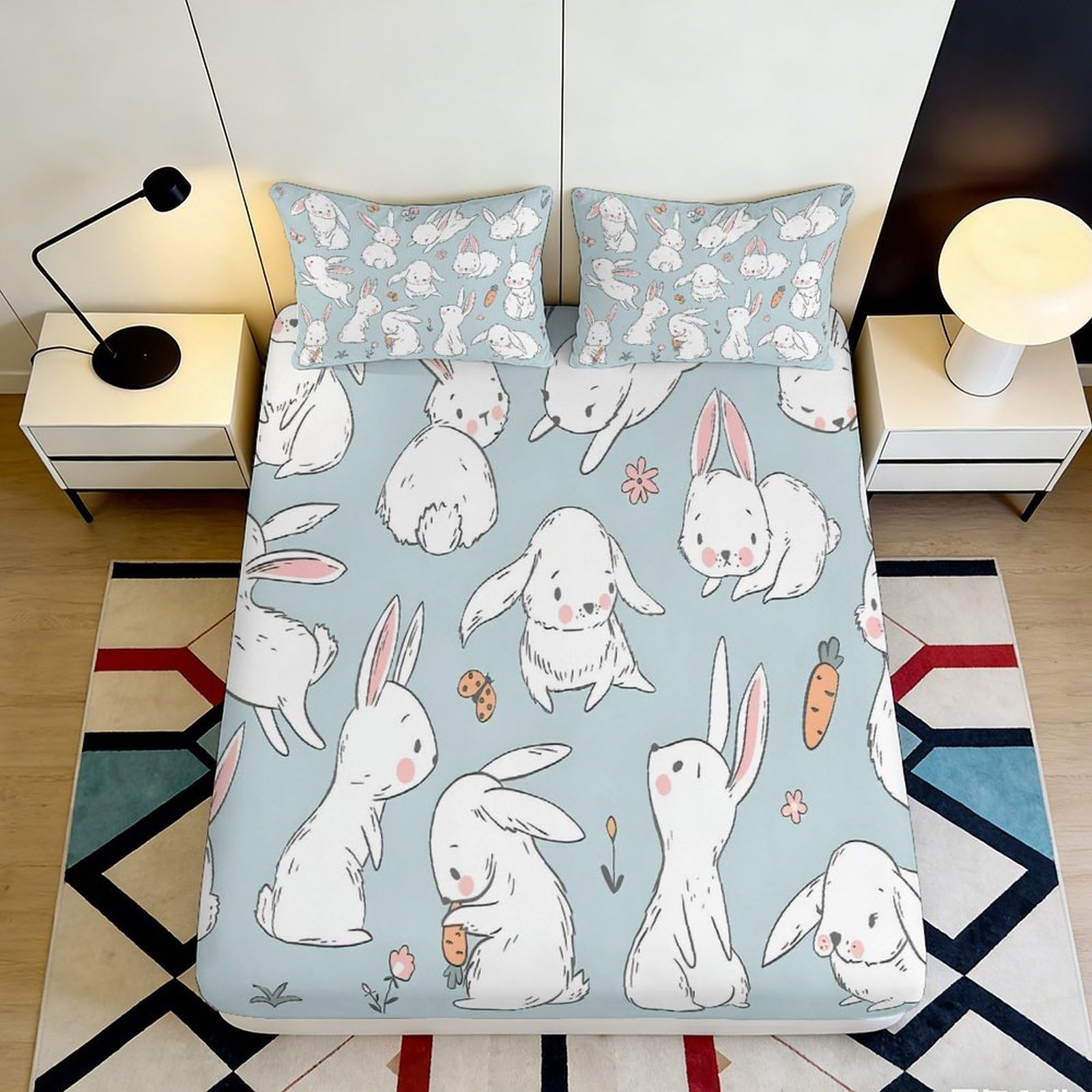 Jqzkxnhpbr Style-8 3D Printed Bunny Rabbit Fitted Sheet Microfiber Soft Anti-Slip Pastel Carrot Bed Cover For Bedroom Guest Room Decor 90X200x25cm