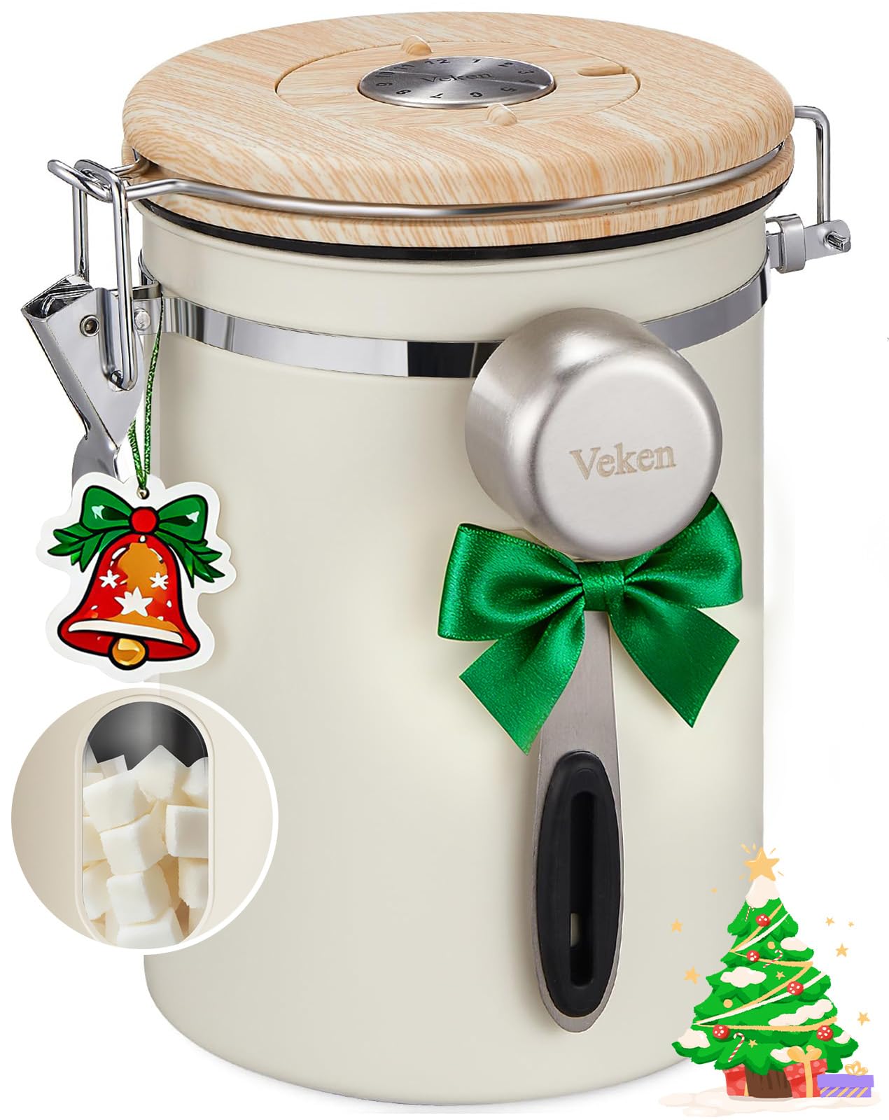 Veken Coffee Sugar Canister with Window, Christmas Coffee Lovers Gift Basket Set, Airtight Stainless Steel Kitchen Food Storage Container Gifts for Grounds, Beans,Tea,Flour, Cereal, Scoop, 22OZ,Cream