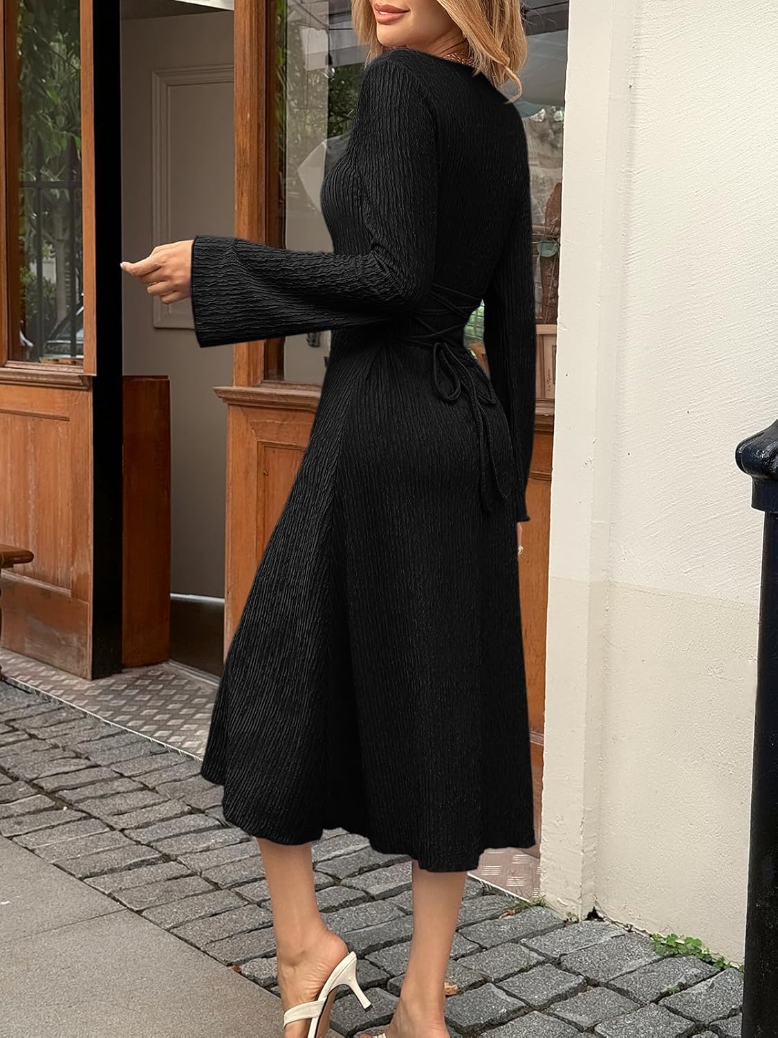 Cicy Bell Womens Sweater Dress Square Neck Maxi Dress Long Sleeve Tie Waist Fall Winter Wedding Guest Knit Midi Dresses - Image 3