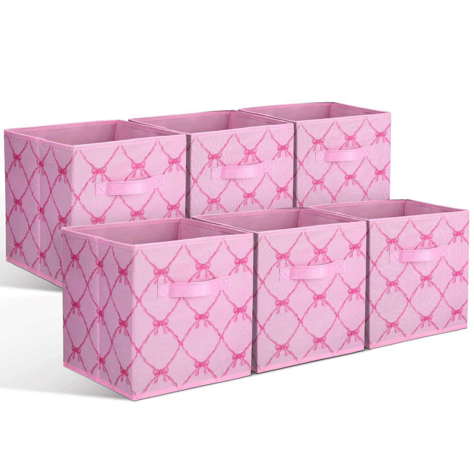 Geelin 6 Pcs Pink Bow Cube Storage Bins 11 Inch Storage Basket with Handle, Preppy Girls Organizer Basket, Collapsible Fabric Box for Classroom