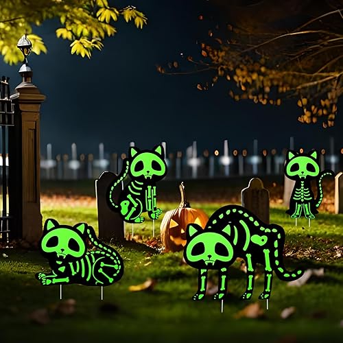 Miniatura 6 de Decoraciones de Halloween para patio, letreros de gato al aire libre que brilla en la oscuridad, esqueleto de gato con estacas para espeluznante