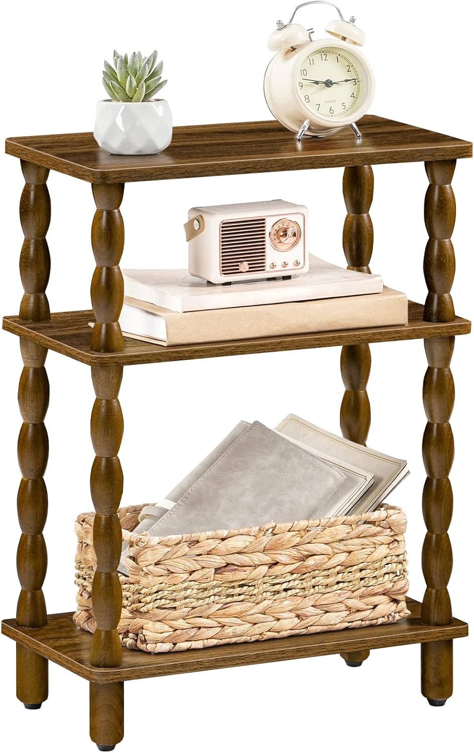 HOOBRO Narrow End Table, 3-Tier Small Side Table with Solid Wood Legs, Skinny Side Table, Nightstand, Accent Table for Small Space, Living Room, Bedroom, Sofa Couch, Walnut WL462BZ01