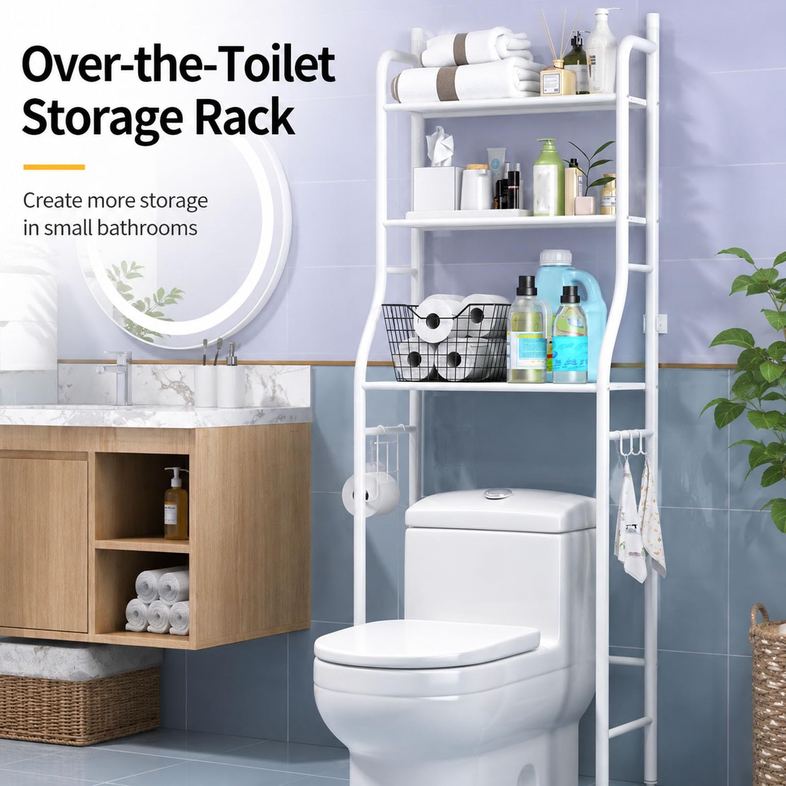 Mobile Sopra WC a 3 Ripiani, Scaffale Portaoggetti Bagno Autoportante | Organizzatore WC Salvaspazio per Piccoli Bagni, Mensola Sopra Toilette per Asciugamani(White)
