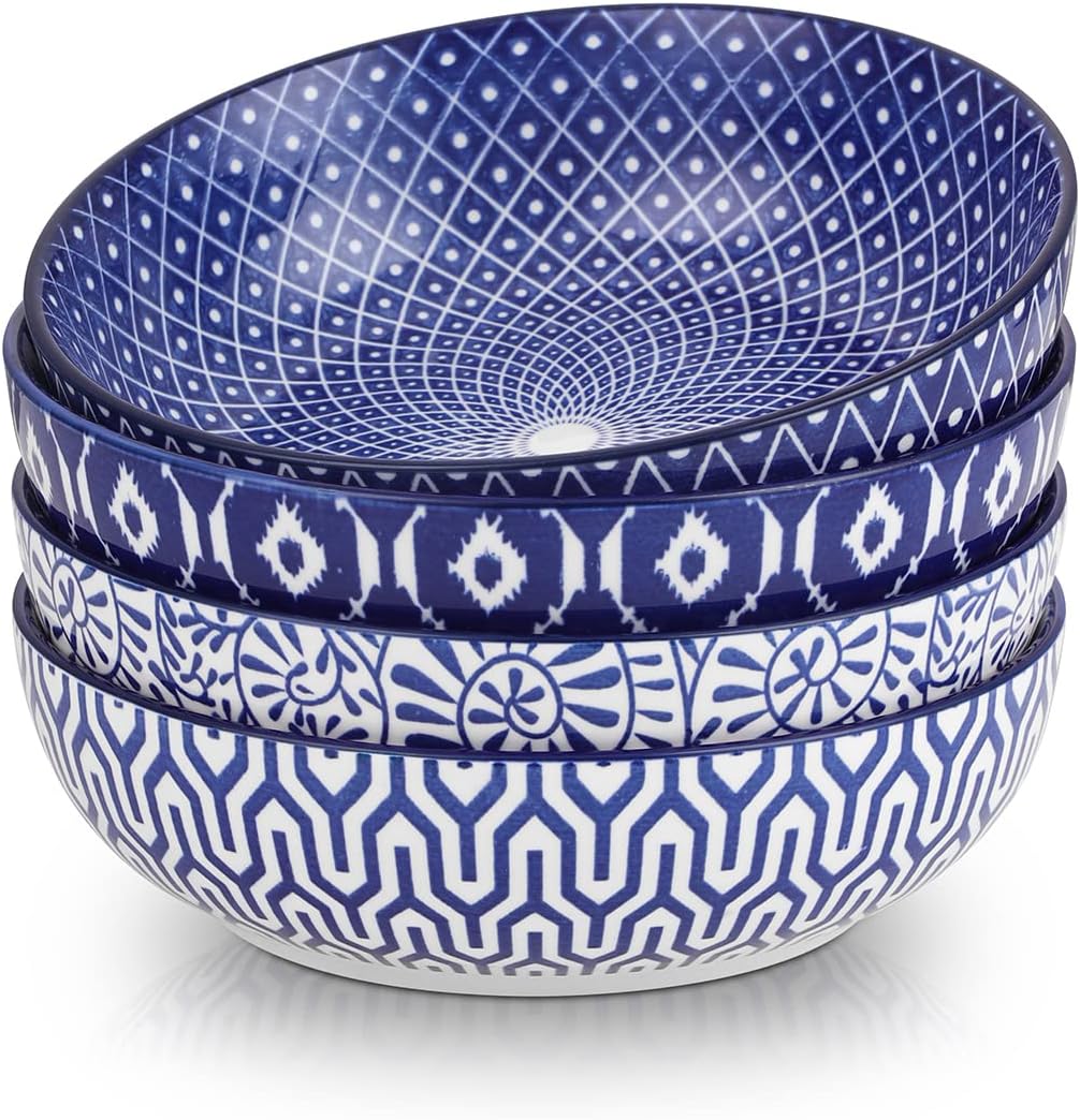 SelamicaCeramic Pasta Bowls Set of 4,Large Salad Bowls, Stackable Serving Bowls, Microwave Dishwasher Safe, 8.6 inch，50 OZ,Vintage Blue
