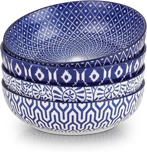 Selamica Juego de 4 cuencos de cerámica para pasta de 50 onzas, cuencos grandes de ensalada de 8.6 pulgadas, cuencos de sopa de porcelana anchos y