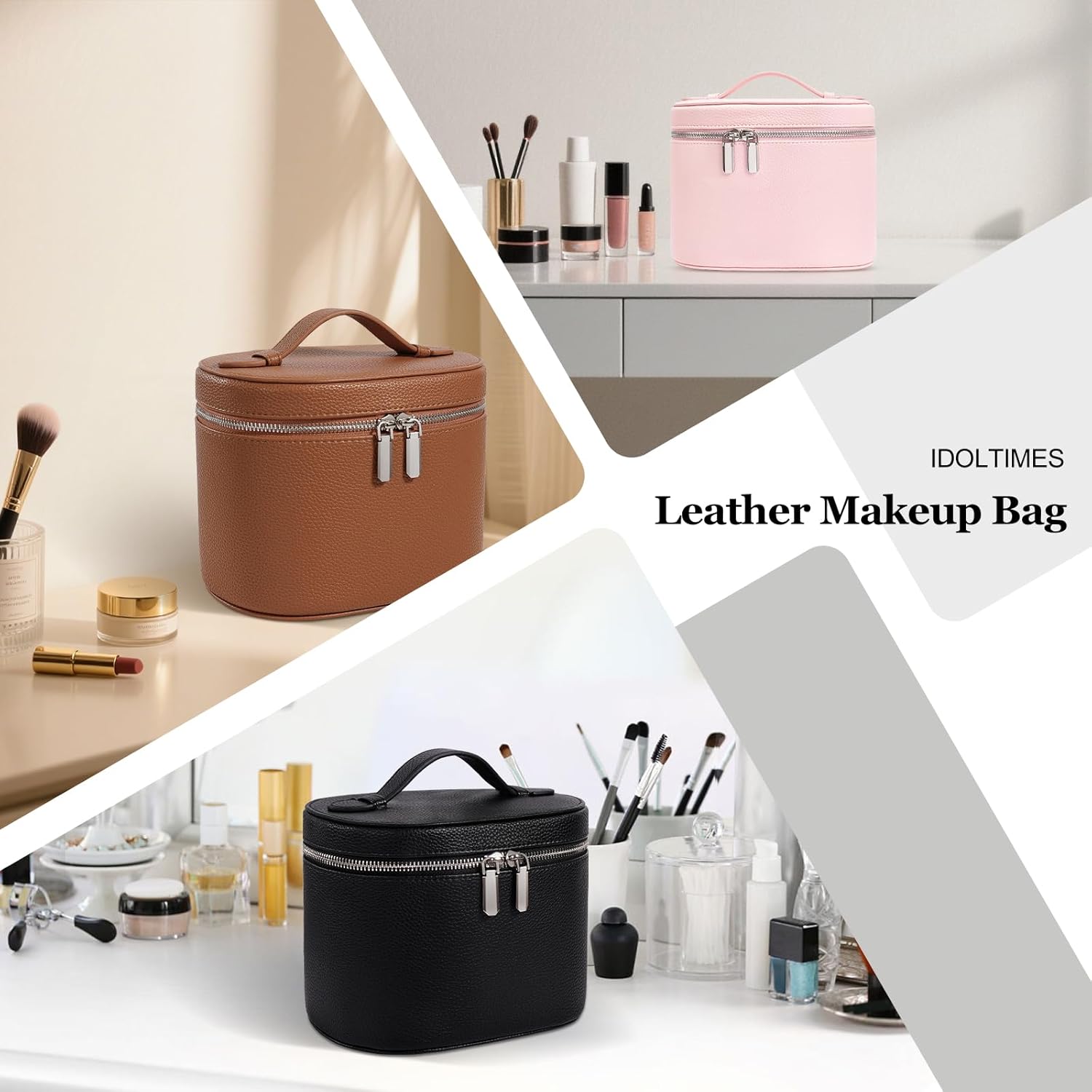 idoltimes Cosmetic Case, Leather Makeup Bag, Portable Handheld Makeup Case, Detachable Compartments - Image 6