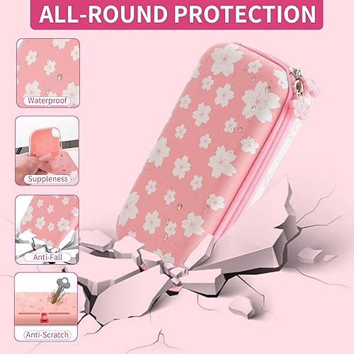 Miniatura 3 de FUNDIARY Funda de transporte Sakura rosa para Nintendo Switch Lite, lindo kit de accesorios de viaje para niña con bolsa de almacenamiento delgada y