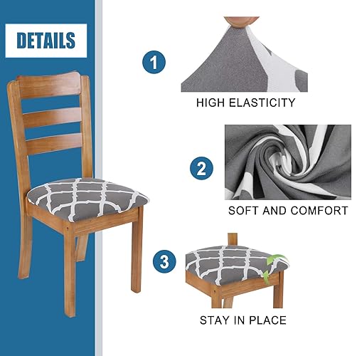 Miniatura 6 de SearchI Cover Products - Paquete de 4 fundas de asiento para sillas de comedor, fundas de asiento elásticas impresas para sillas (gris)