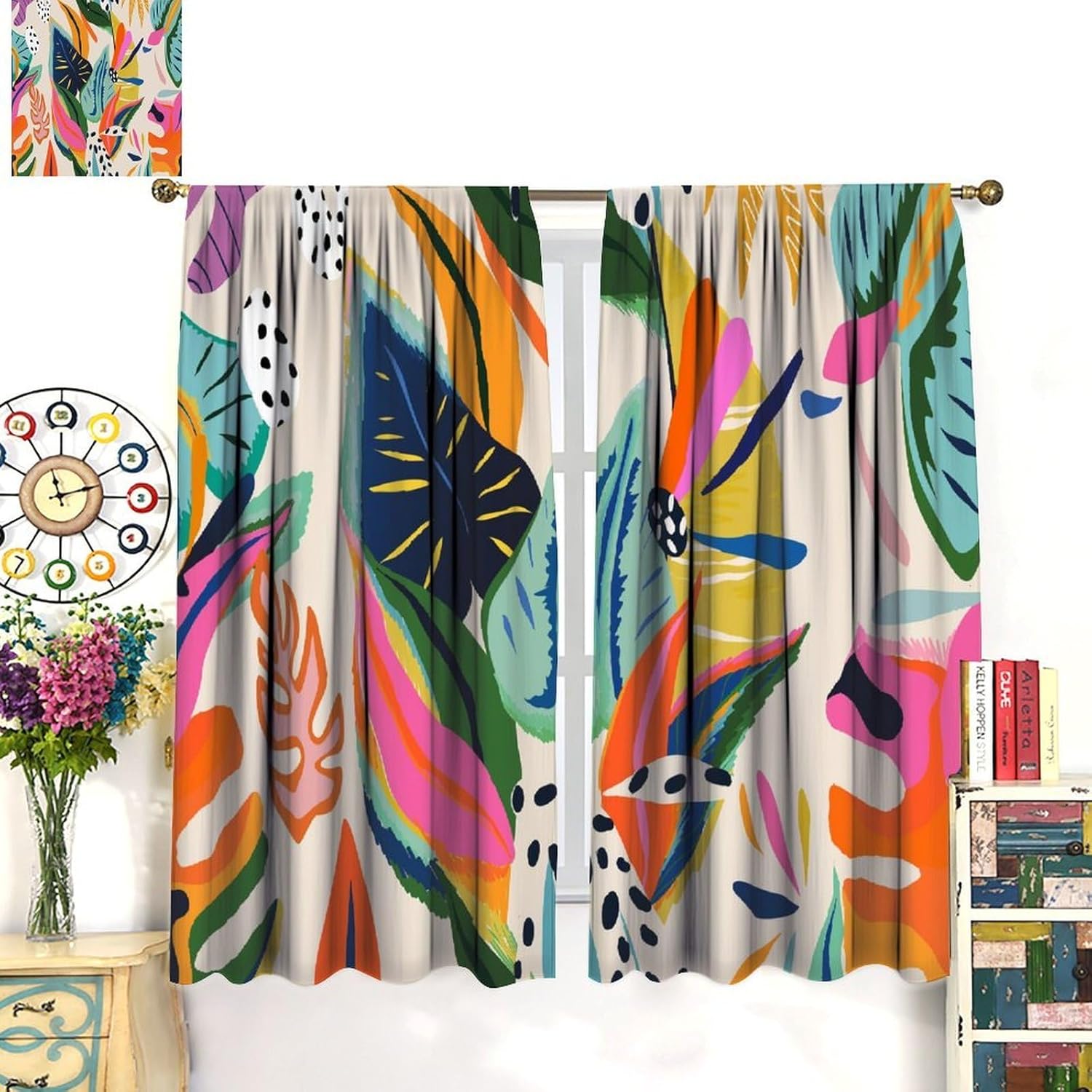 Colorful Flower Window Curtains Abstract Bright Flower Blossom Botanical Print Rod Pocket Curtain Light Filtering Drapes for Bedroom Living Room Dining Room 2 Panels 52x84in