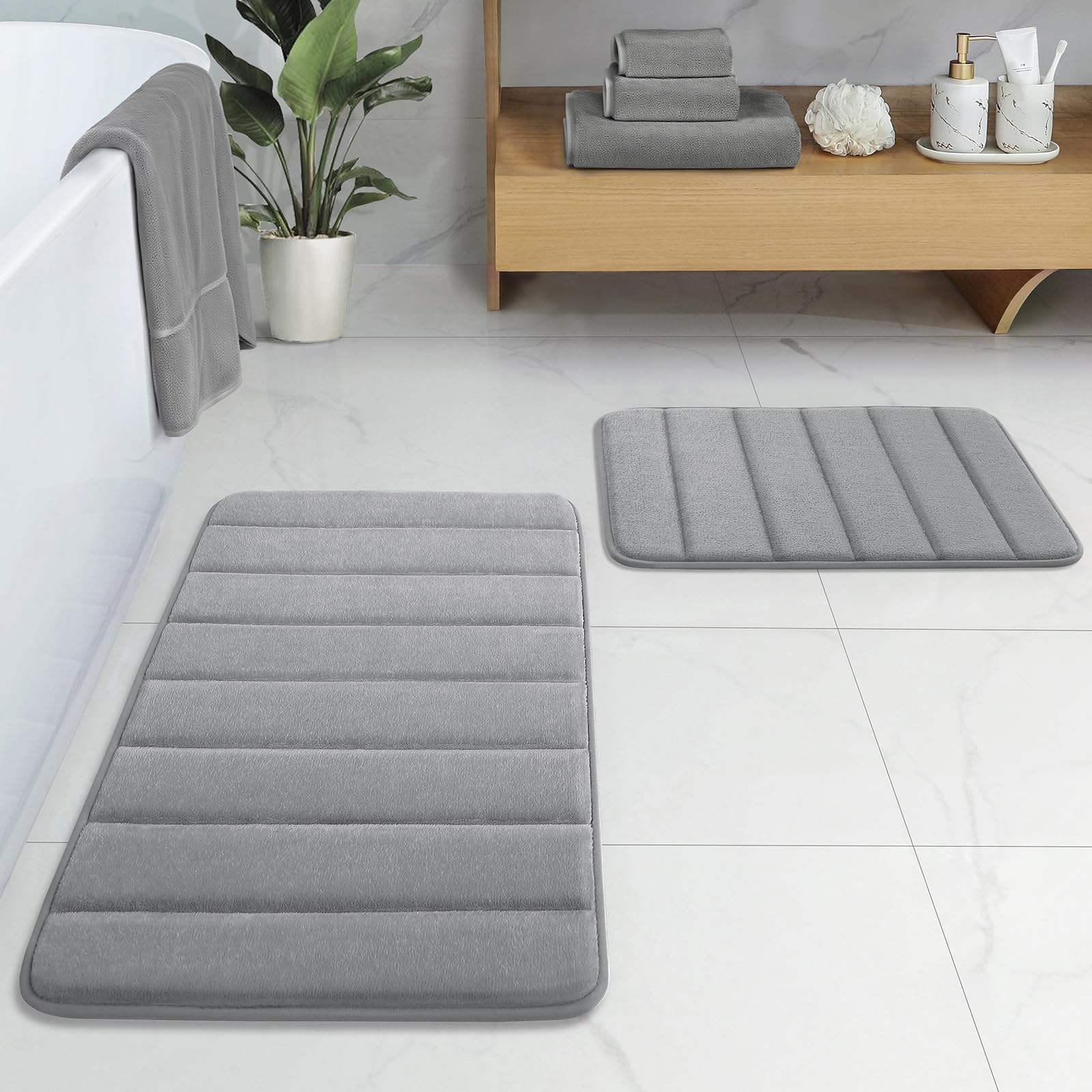 BYSURE Bathroom Rugs Sets 2 Piece, Memory Foam Non Slip Extra Soft Absorbent Machine Washable Toilet Bath Mats (Grey, 17x24+20x32)