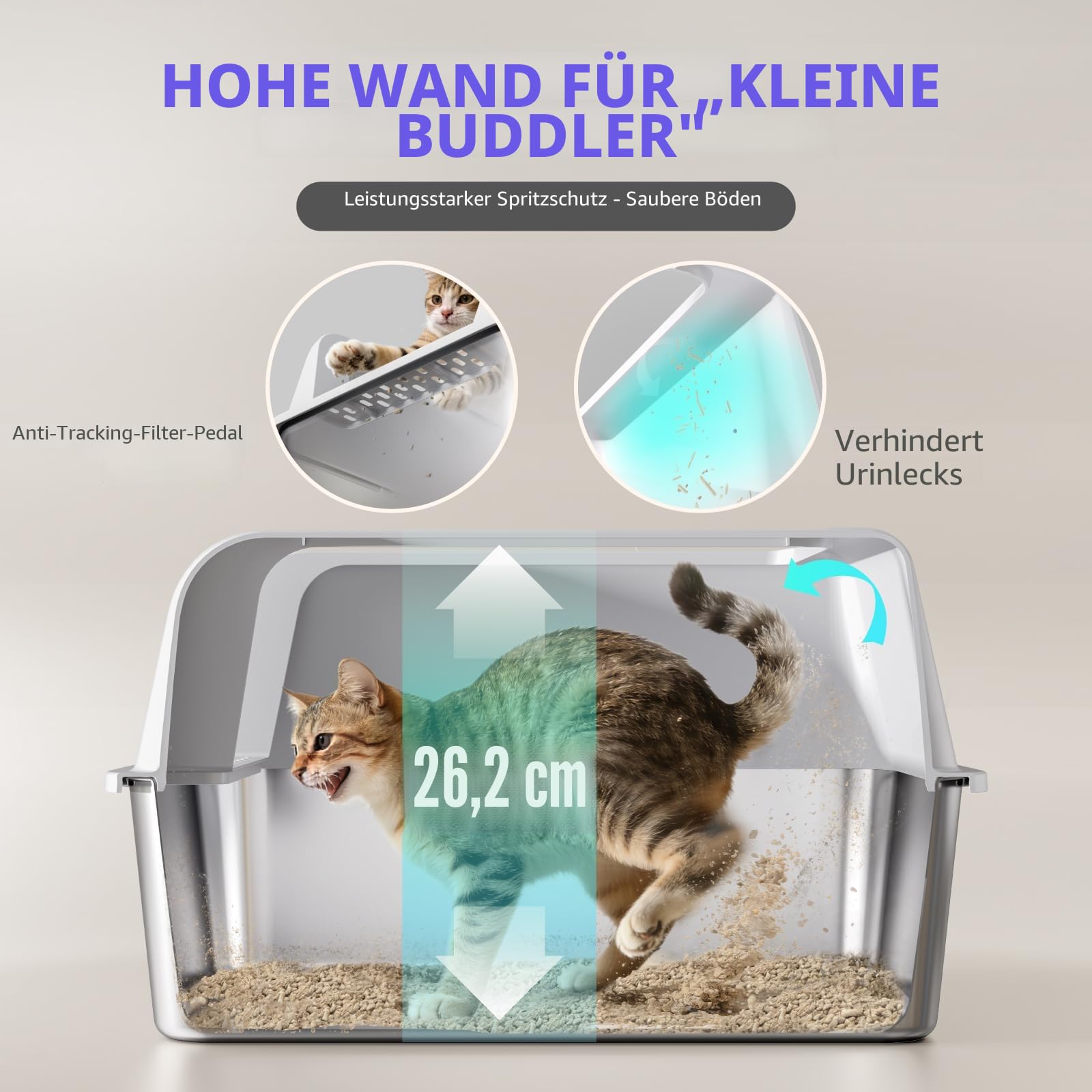 2 Pack Katzenklo Edelstahl Gehege mit Deckel, große Katzentoilette aus Edelstahl, Katzenklo Mit Hochwandigem Seitengehäuse, Nicht-Klebrig, Auslaufsicher & Einfach zu Reinigen, nklusive Schaufel, M