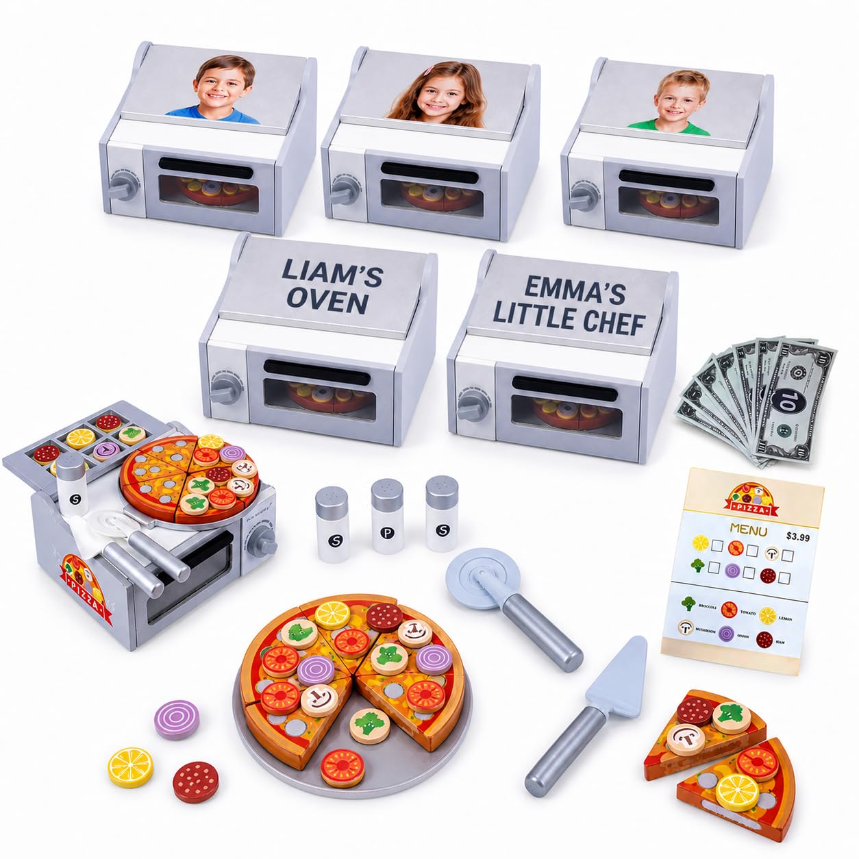 Toyana Personalised 30 PCs Wooden Pizza Oven Playset - Customisable Oven with Custom Photo & Text, Role Play Toy Shop Pizza Slicing, Toppings, Play Money & Menu, Simulation Gift Toy for Children 3+
