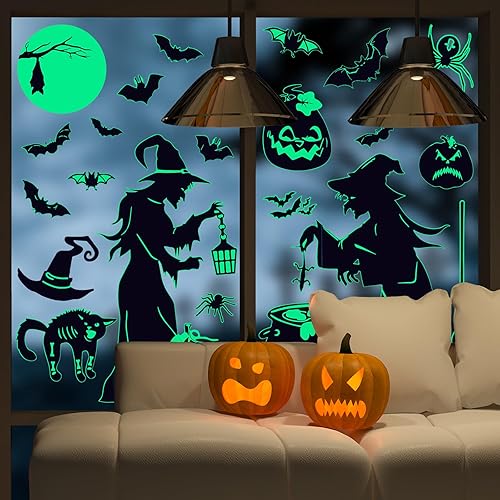 Miniatura 3 de AnyDesign 2 hojas de calcomanías de pared de bruja de Halloween que brillan en la oscuridad, bruja, murciélago, calabaza, araña, calcomanías de