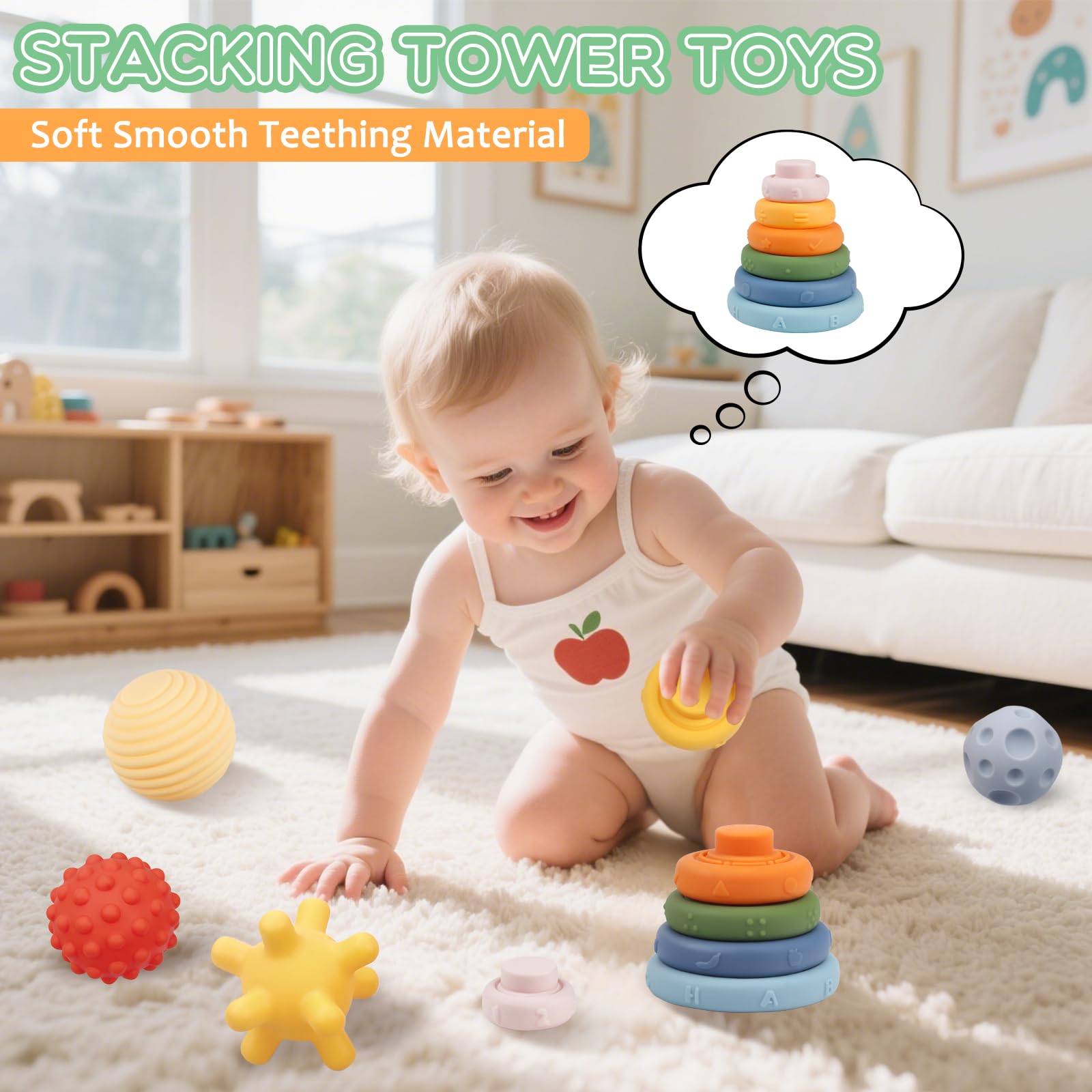 Plunack Giocattoli Montessori per Bambino 18 Mesi - Soft Building Blocks giochi Sensoriali impilabili con Anelli