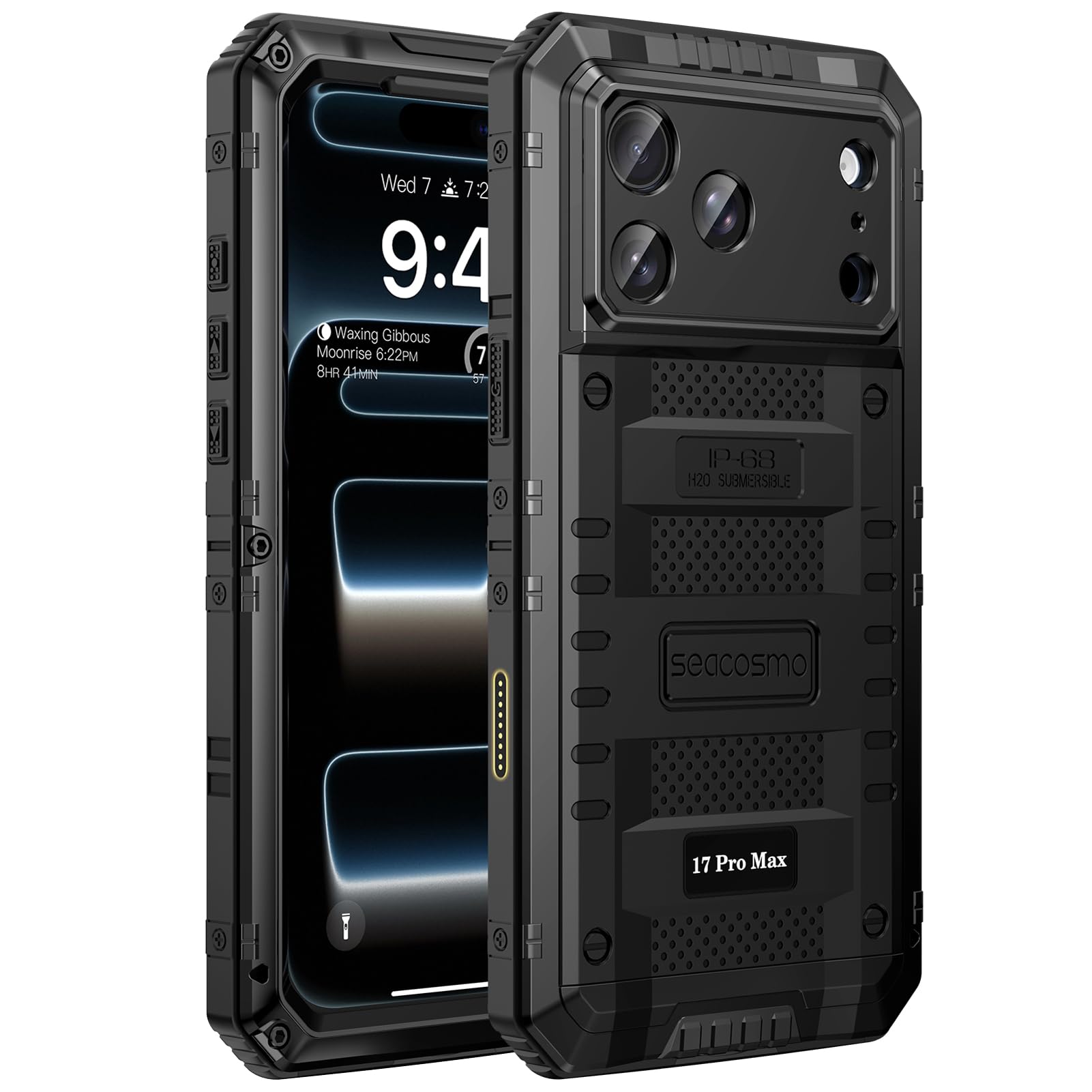 seacosmo Coque pour iPhone 17 Pro Max, IP68 Étanche 360 Intégrale Protection Étui avec Protecteur d'Écran, Militaire Antichoc Double Renforcée Imperméable Robuste Armure Métal Coque 17 Pro Max - Noir