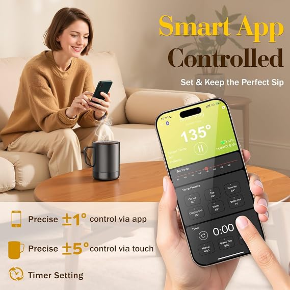 14oz Smart Coffee Mug Warmer - Self-Heating Mug with App Control, 160F Temperature Control, 150-Min Battery, Rechargeable Heated Mug Warmer for Home Office, Ideal Gifts for Dad Mom