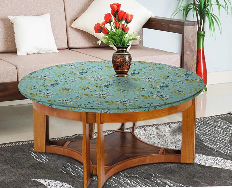 Image of The Furnishing Tree Elastic Cotton Round Center Table Cover 24x24 in Inches Floral Golden Leaf on Blue Base