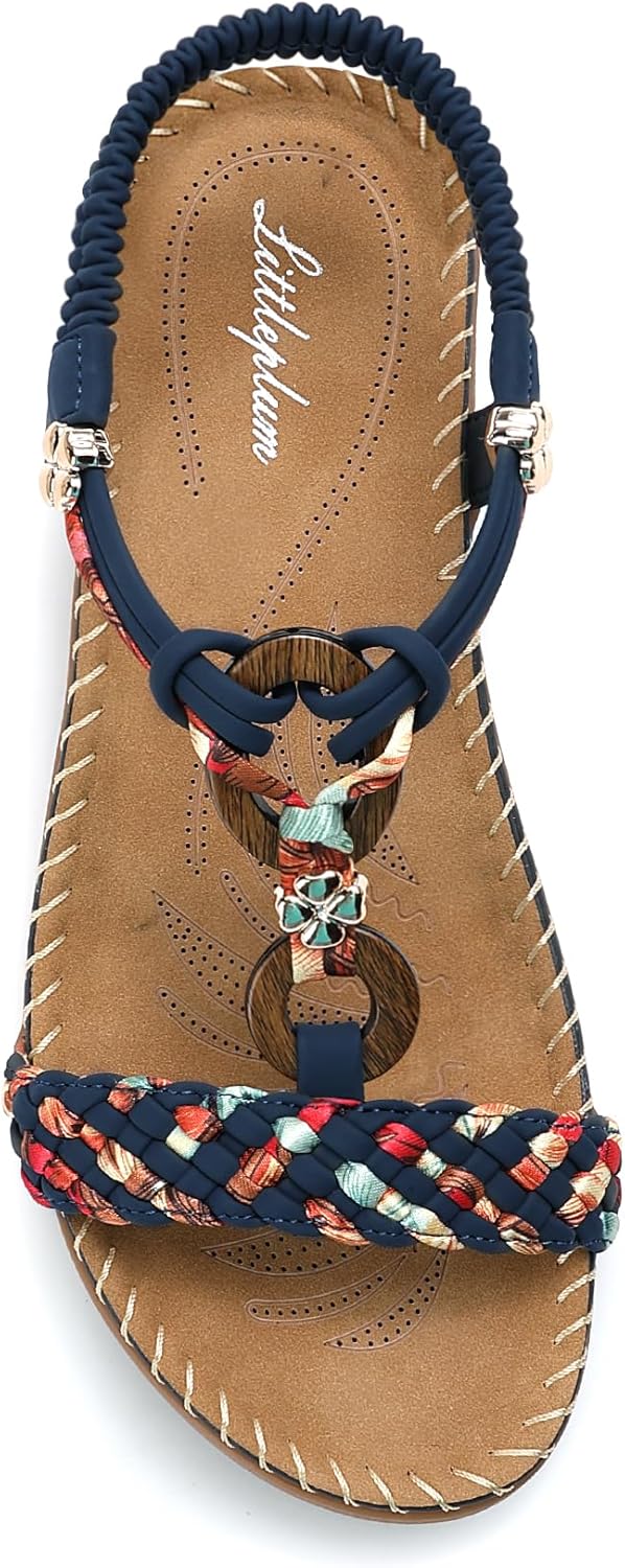 Littleplum Women Sandals Arch Support Handmade Bohemian Braided Flat Sandals Comfort Walking Beach Ankle Elastic Summer Shoes