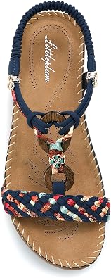 Littleplum Women Sandals Arch Support Handmade Bohemian Braided Flat Sandals Comfort Walking Beach Ankle Elastic Summer Shoes