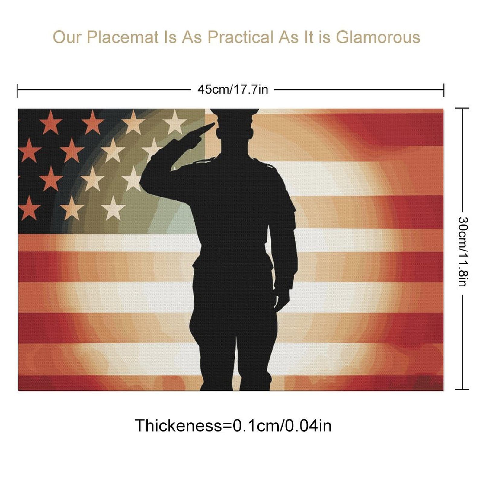 Soldier Saluting America Flag Tovagliette all'americana 6 tovagliette in PVC, lavabili, resistenti al calore, antiscivolo, impermeabili, set di tovagliette per interni ed esterni, tavolo da pranzo in