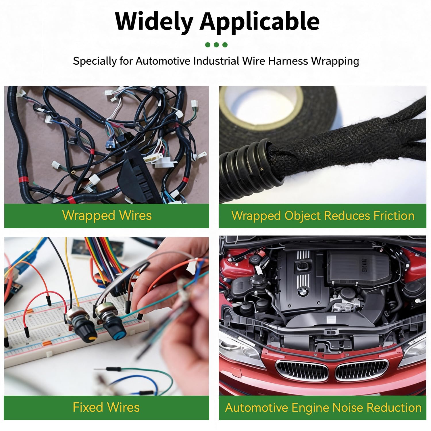 3 Rolls Automotive Wire Harness Tape, 50 Feet,Engine Harness Wrap, Noise Damping, and Insulation Protection, High Temp Self-Adhesive Cloth Electrical Tape