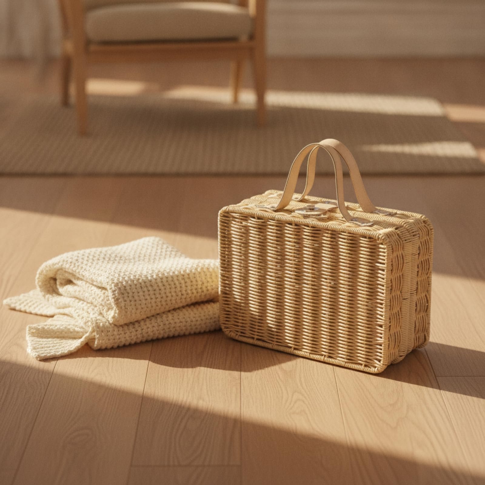 Estuche Tejido Ratán Sintético Cesta Rectangular Mimbre Sintético Robusto Estuche con para Picnic, Organización l Hogar