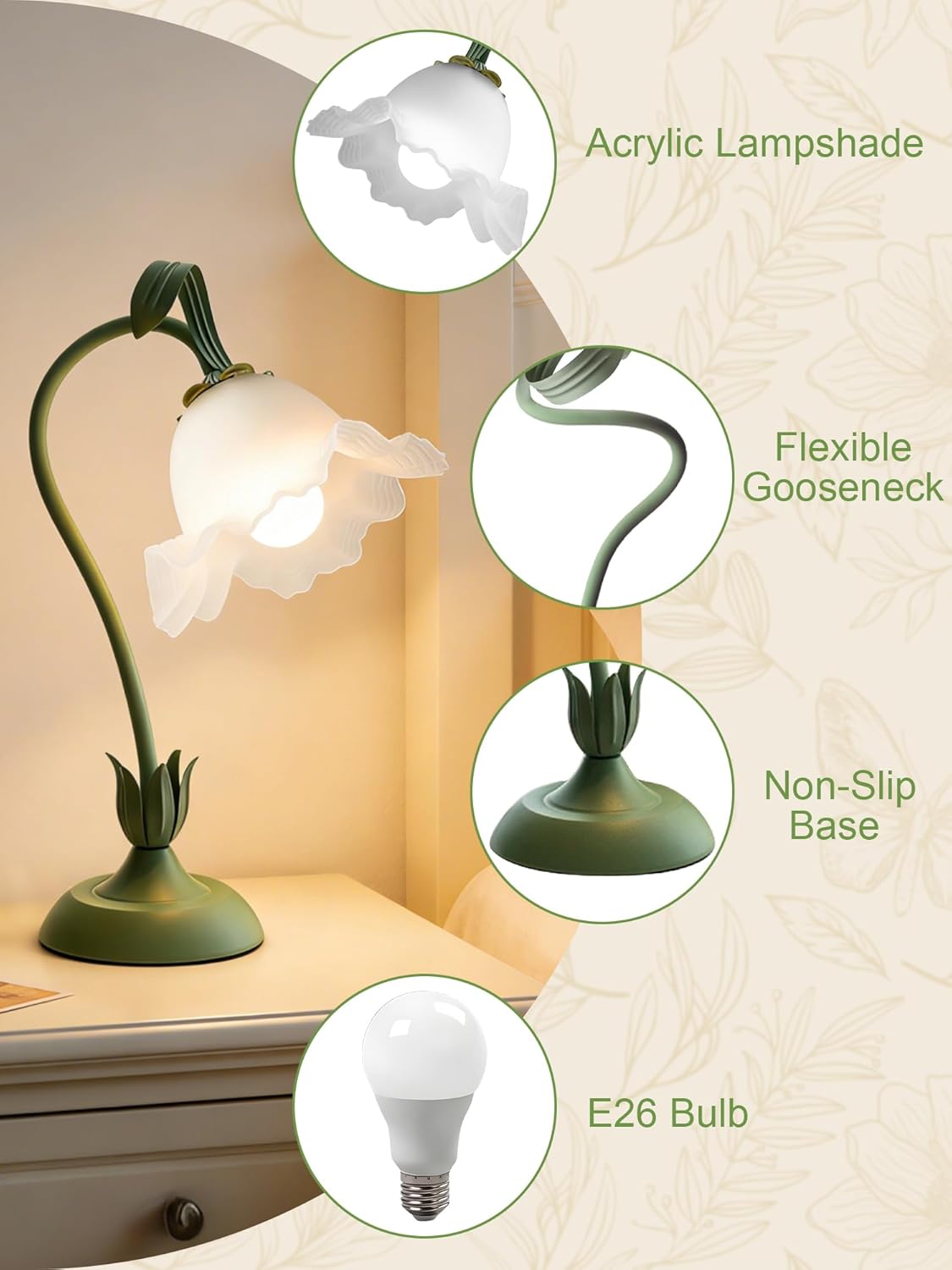 Flower Table Lamp,Cute Small Desk Lamp,Led Reading Light with 3 Color Temperature,Vintage Bedside Lamps with Flexible Gooseneck,Dimmable Night Light for Bedroom Living Room Dorm Office(Green)