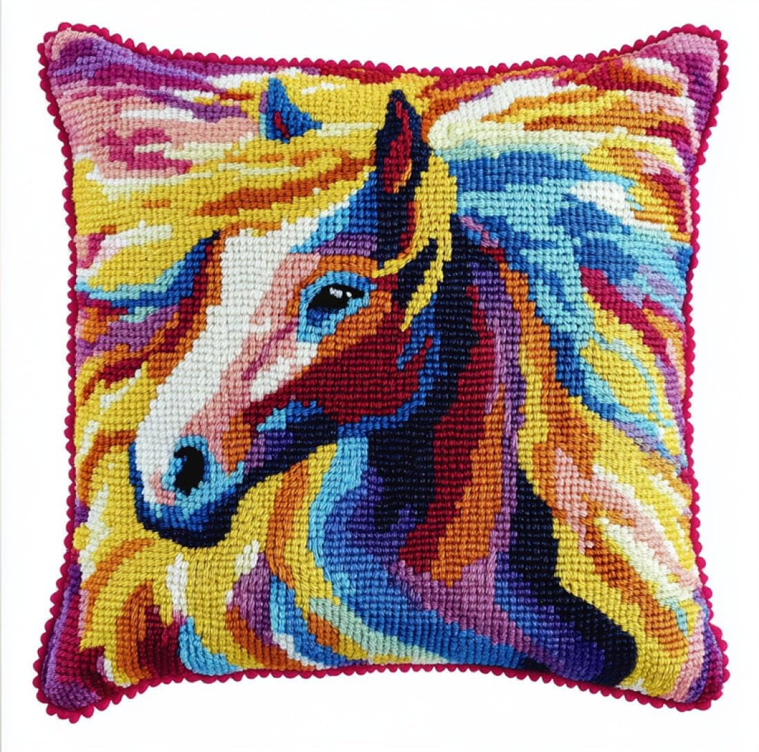 Kitquiver Animal Latch Hook Craft Kits Colorful Horse DIY Latch Hook Kits Pillowcase Embroidery,Knitting,Gift for Adults/Beginners 17x17In