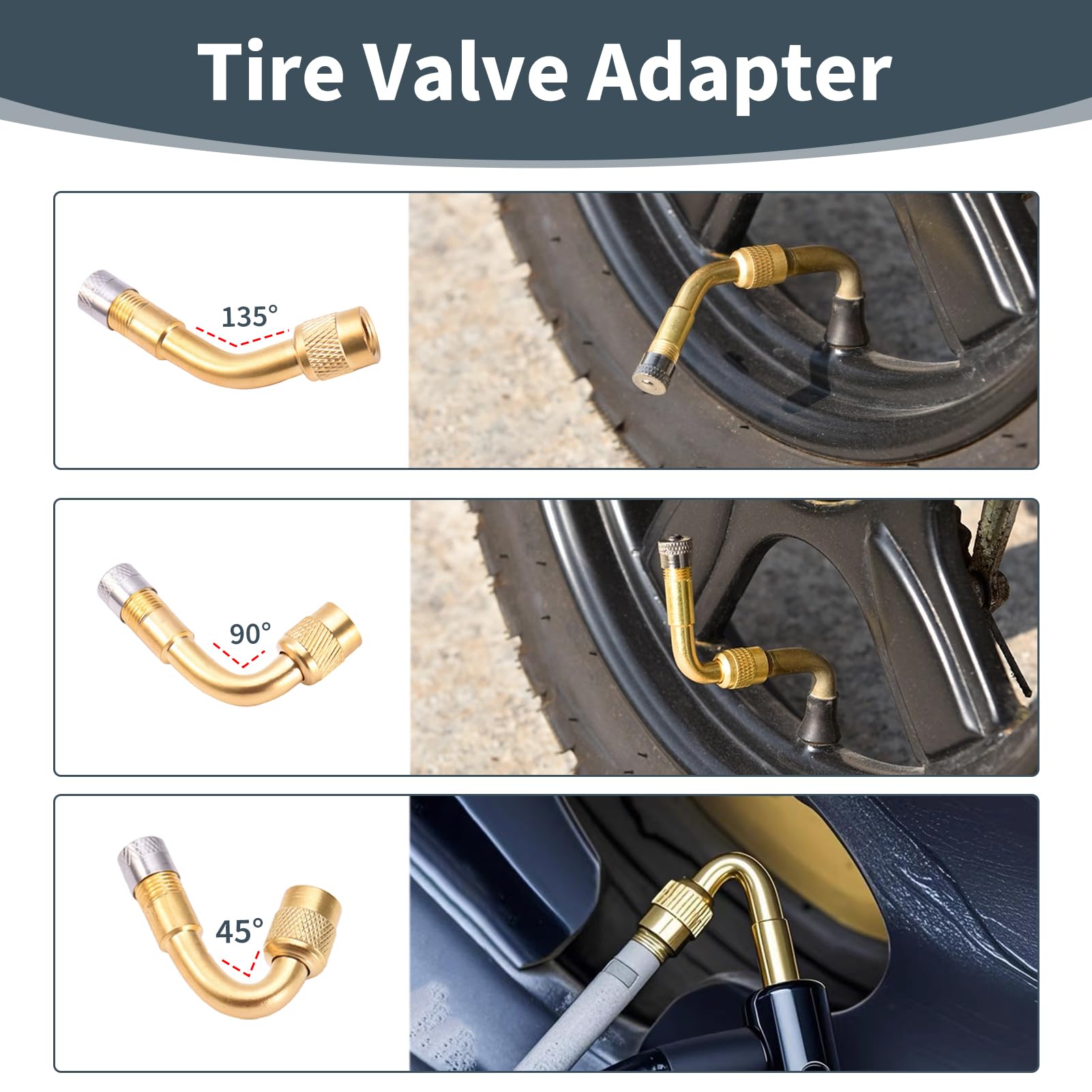 8 Pezzi Prolunga Valvola Pneumatico, Estensione Valvola Pneumatico Angolare 45° 90° 135°, con 2 Prolunghe Flessibili 180mm e 6 Cappucci Metallici, Adattatore Valvola Schrader per Auto Bici Scooter