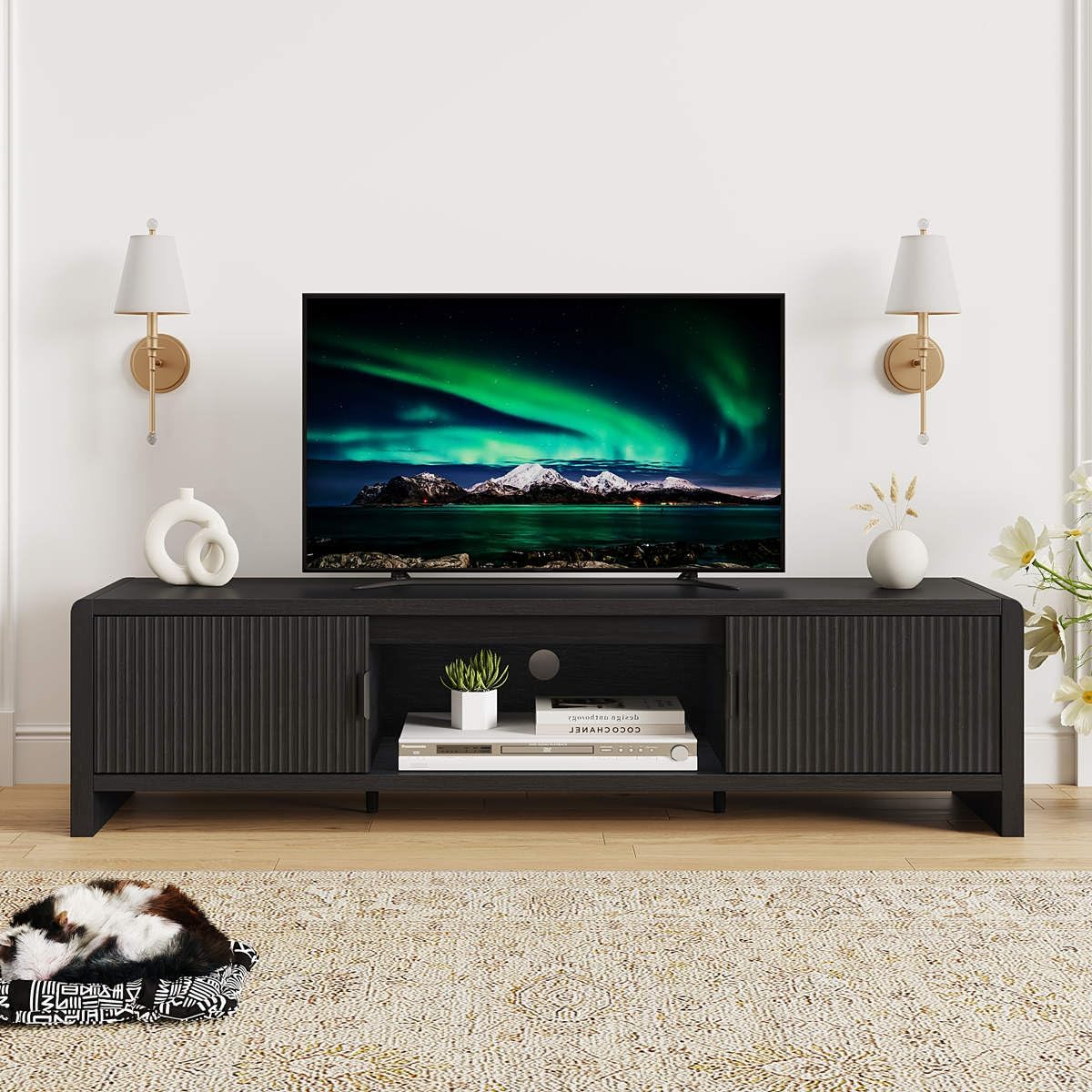 FATORRI TV Stand for 75/65/55 Inch TVs, Mid Century Modern Entertainment Center with Storage, Wooden Television Media Console Cabinet with Fluted-Door for Living Room, Bedroom (63 Inch W, Black) - Image 8