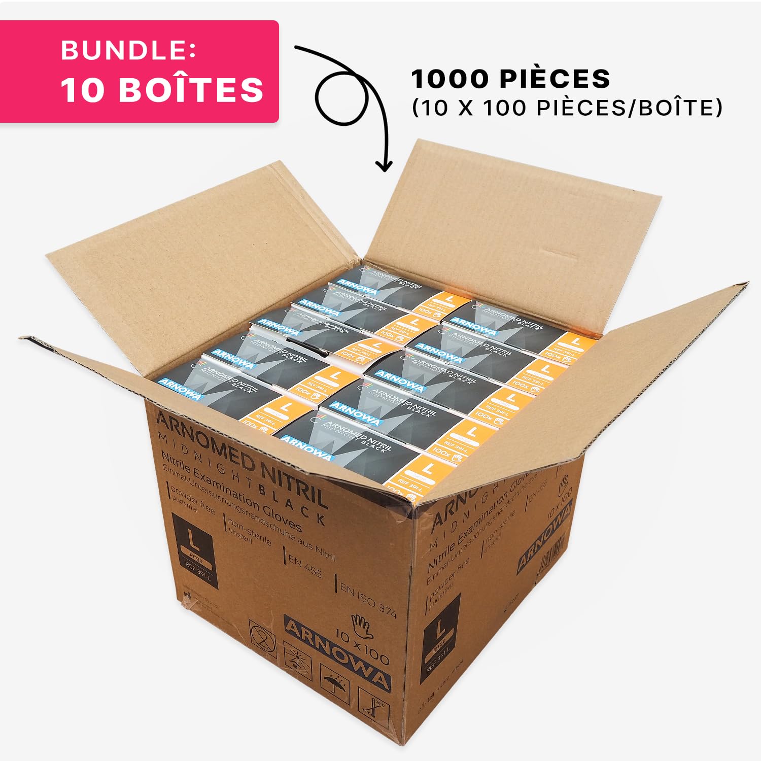 1000x ARNOMED® Gants en nitrile taille L Noir, Gants à usage unique pour chirurgie & laboratoire, Gants en nitrile sans poudre & sans latex, Moufles en nitrile XS, S, M, L, XL, XXL | Gants jetables en nitrile sans poudre - Gants de protection en nitrile -