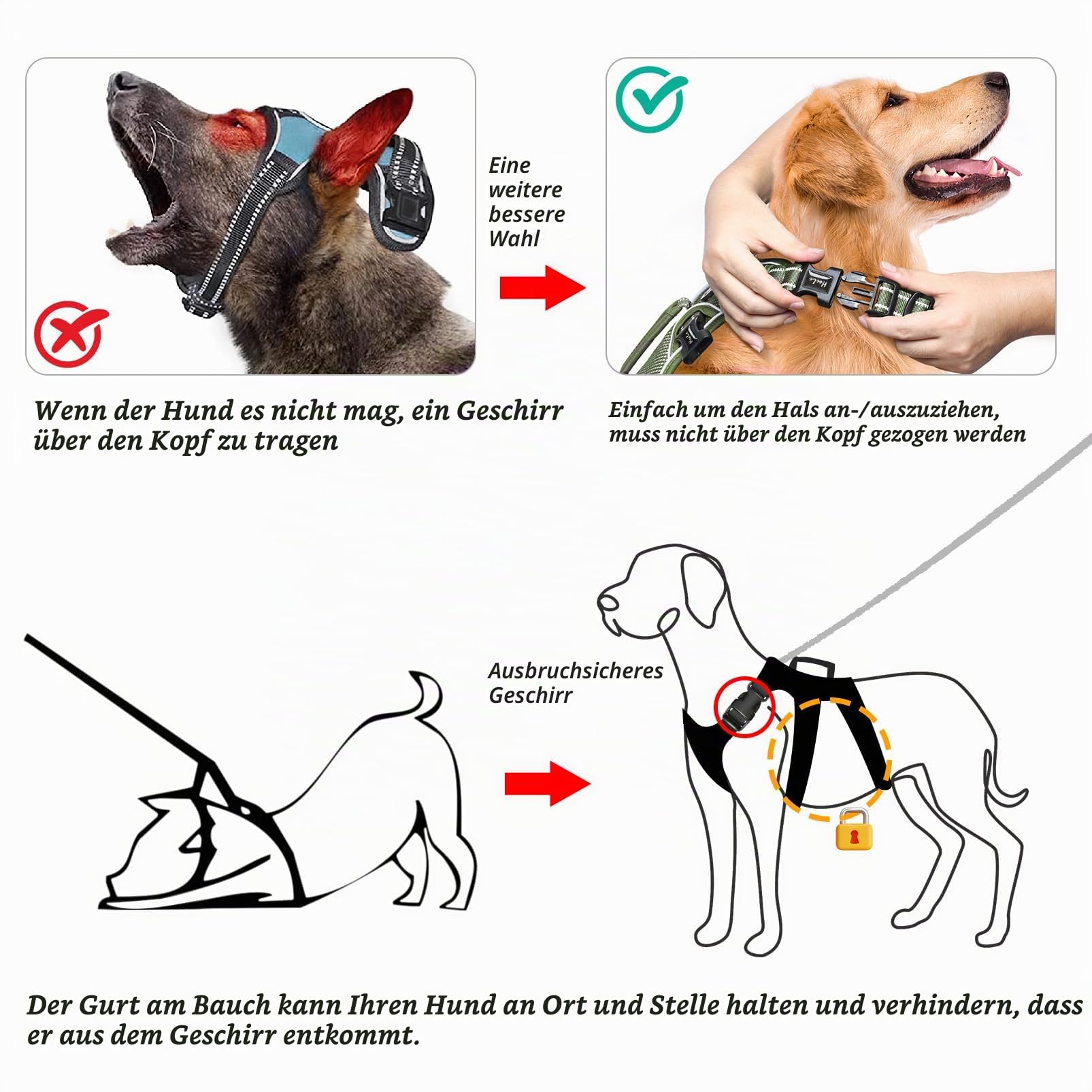 HEELE Hundegeschirr, Ausbruchsicher, Schnalle im Halsbereich, Reflektierend, Brustgeschirr mit Robuster Griff, Panikgeschirr Hund, Hundegeschirr Stabilen Eindruck, Passt wie Angegossen, Grün, M | Brustgeschirr mit Robuster Griff, Panikgeschirr Hund, Refle