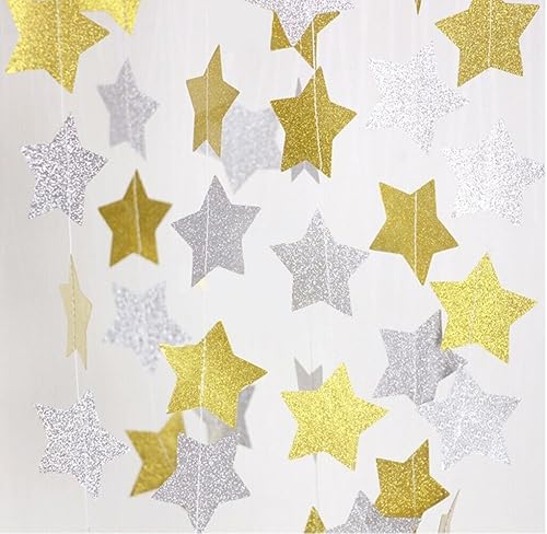 Miniatura 4 de Guirnalda colgante de estrellas de papel plateado con purpurina  Banner de estrella centelleante para telón de fondo de baby shower, decoración de