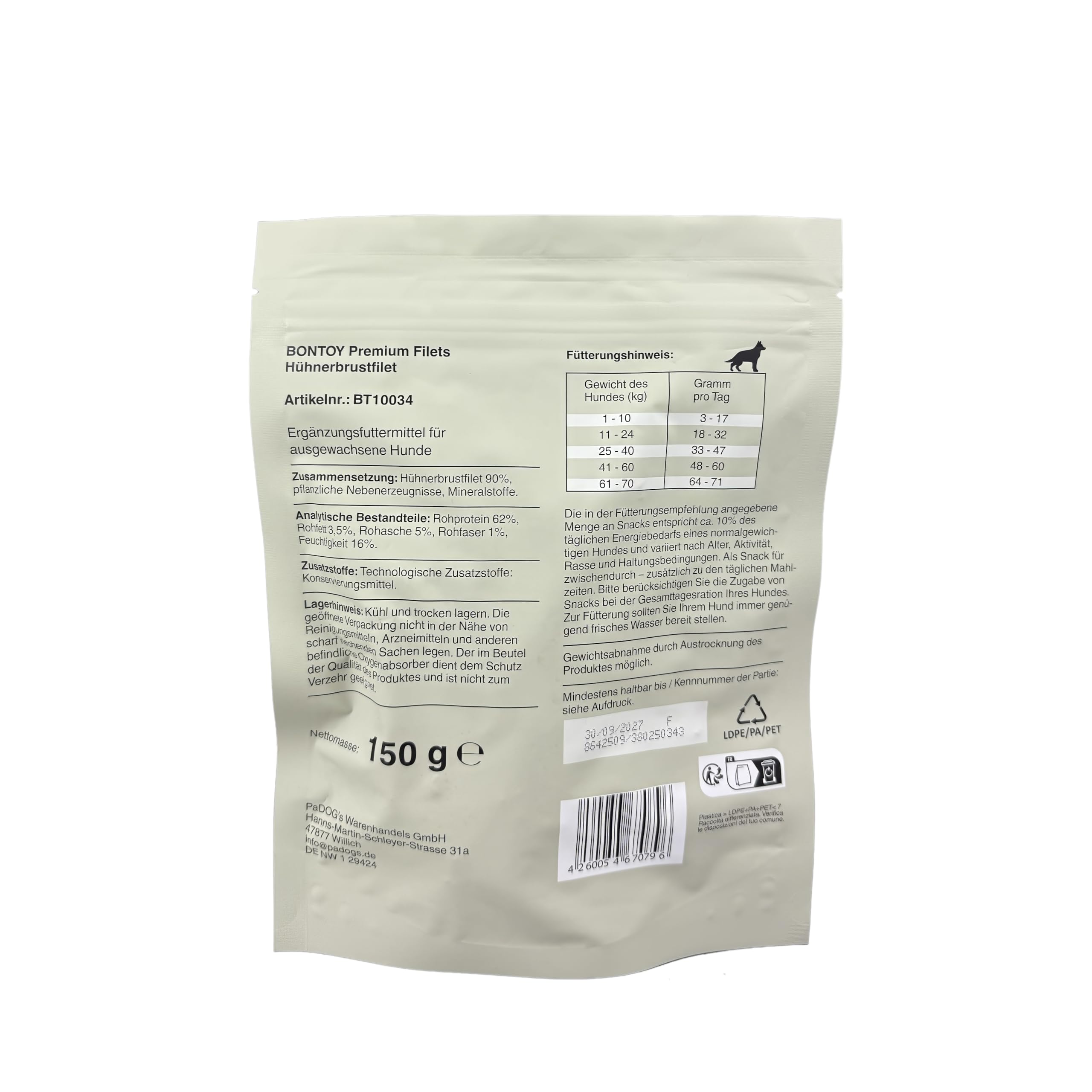 BONTOY Hähnchenbrustfilet I 150g I im Wiederverschließbarem Beutel I schonend Luftgetrocknet I Kauspaß für ihren Hund (20 Pack)