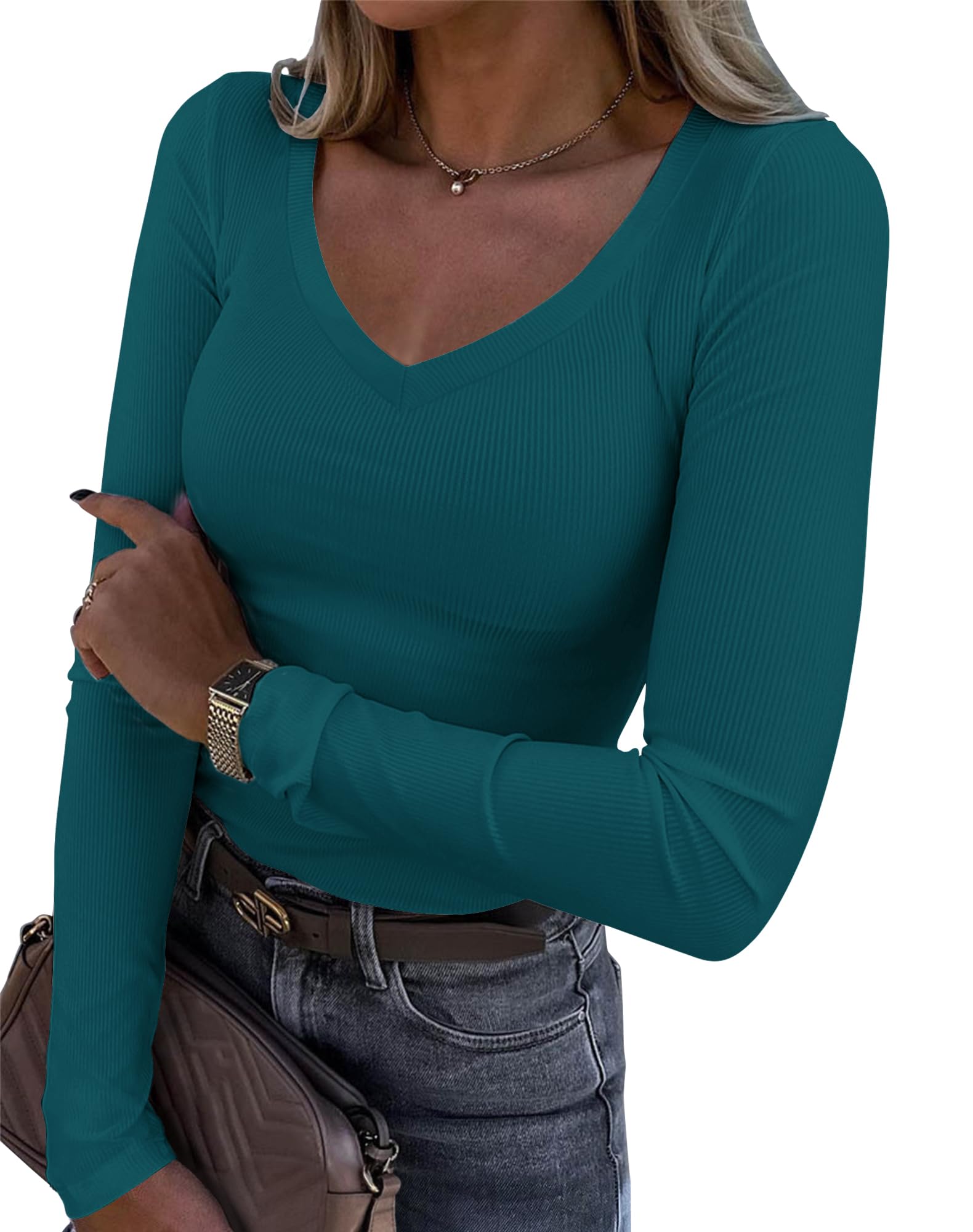 Roselux Womens Long Sleeve V Neck Ribbed Knit Fitted Casual Tops Tee Slim Basic Shirt