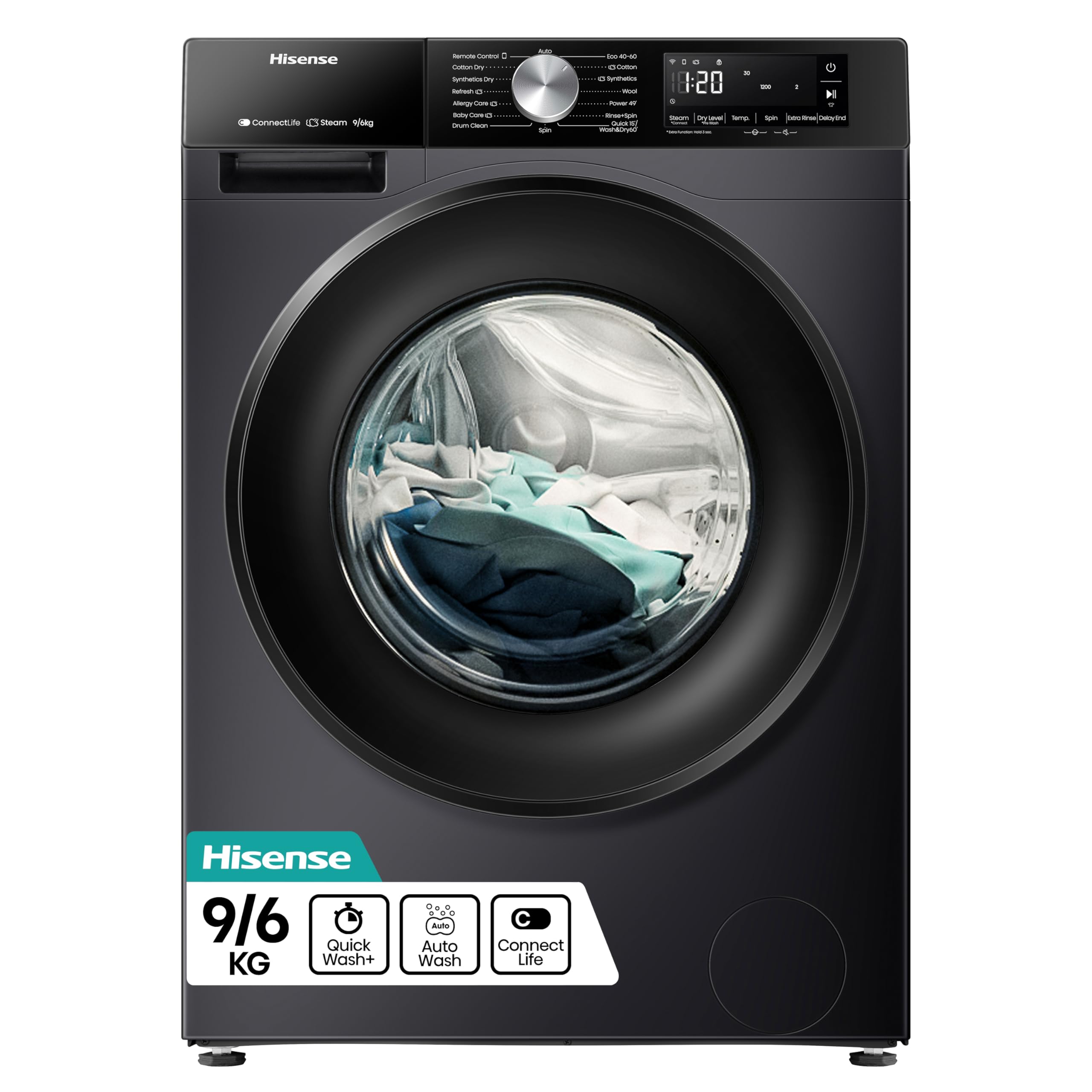 Hisense 3S Series WD3S9043BB3 Wifi Connected 9Kg and 6Kg Washer Dryer with 1400 rpm - Black - A-D Rated