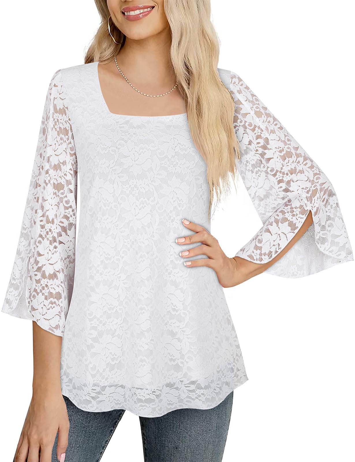 Syphiby Camicette da donna a tunica con maniche a 3/4 con volant e scollo quadrato, in chiffon, a doppio strato, taglie M-3XL