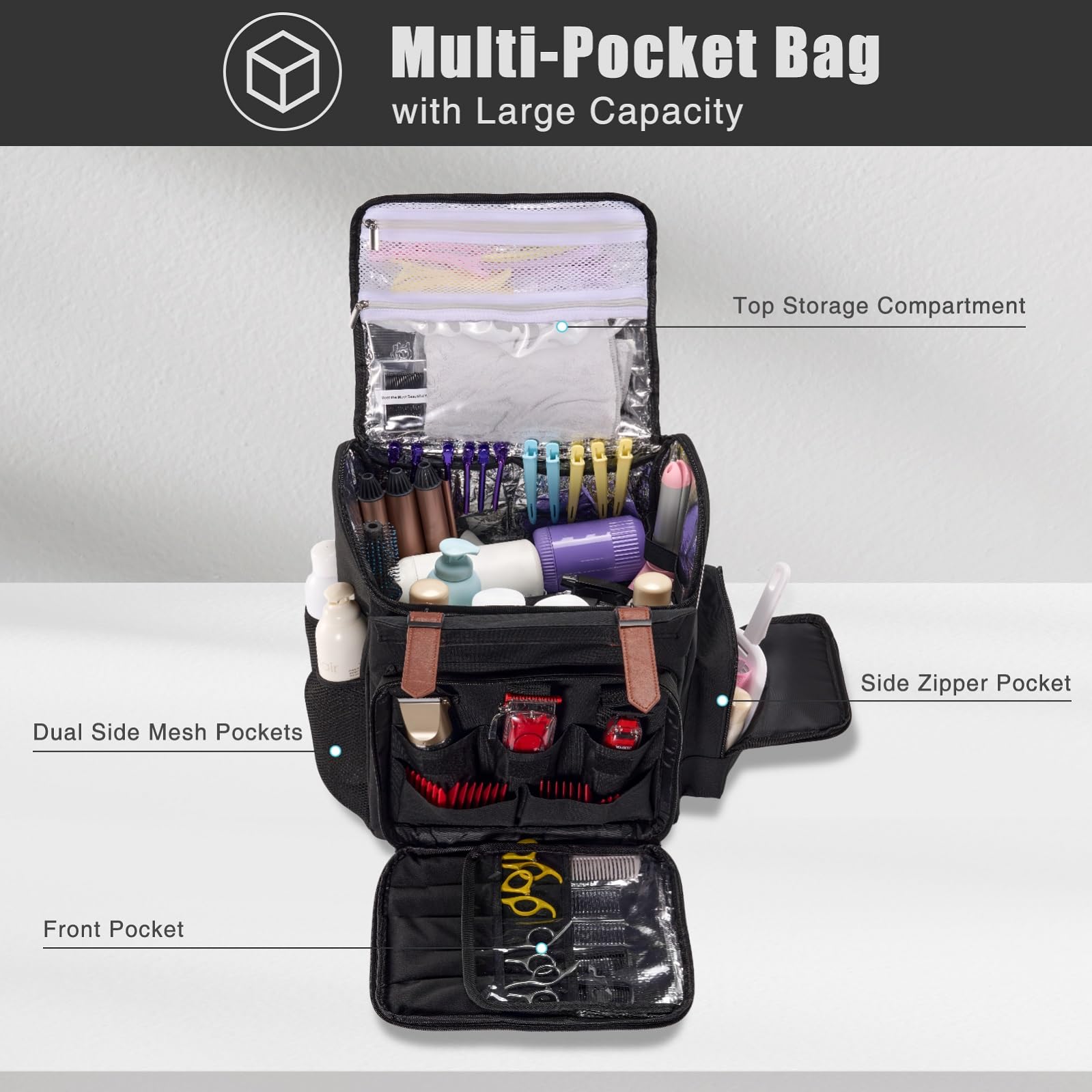 Hautton Mochila de Peluquería Profesional, Bolsa de Viaje Grande para Peluqueros con Correa de Hombro, Mochila para Herramientas de Corte de Pelo y Suministros de Peluquería - Negro