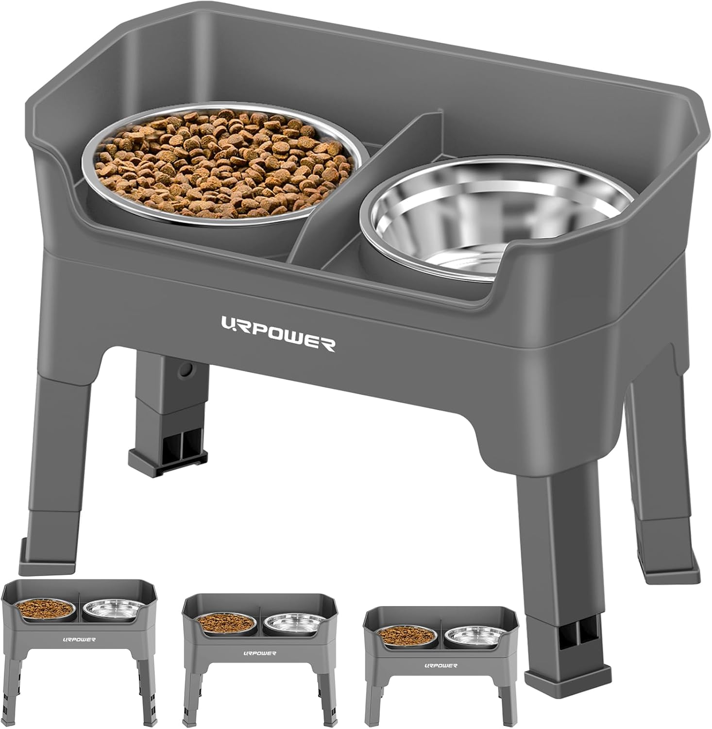 URPOWER 3-in-1 Elevated Dog Bowls - Mess Proof Double Deck 4 Height Adjustable Raised Stand with 2 Stainless Steel Food Bowls & Licking Plate for Small, Medium & Large Dogs Gray