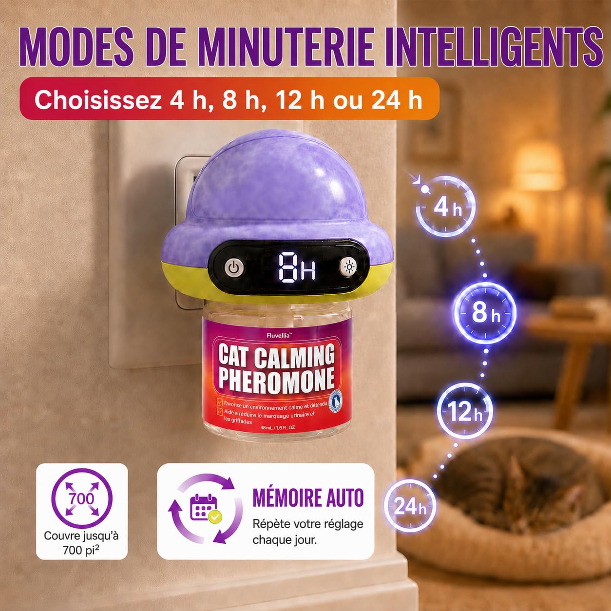 Lot de 6 diffuseurs de phéromones apaisants pour chat avec minuterie numérique de 48 ml