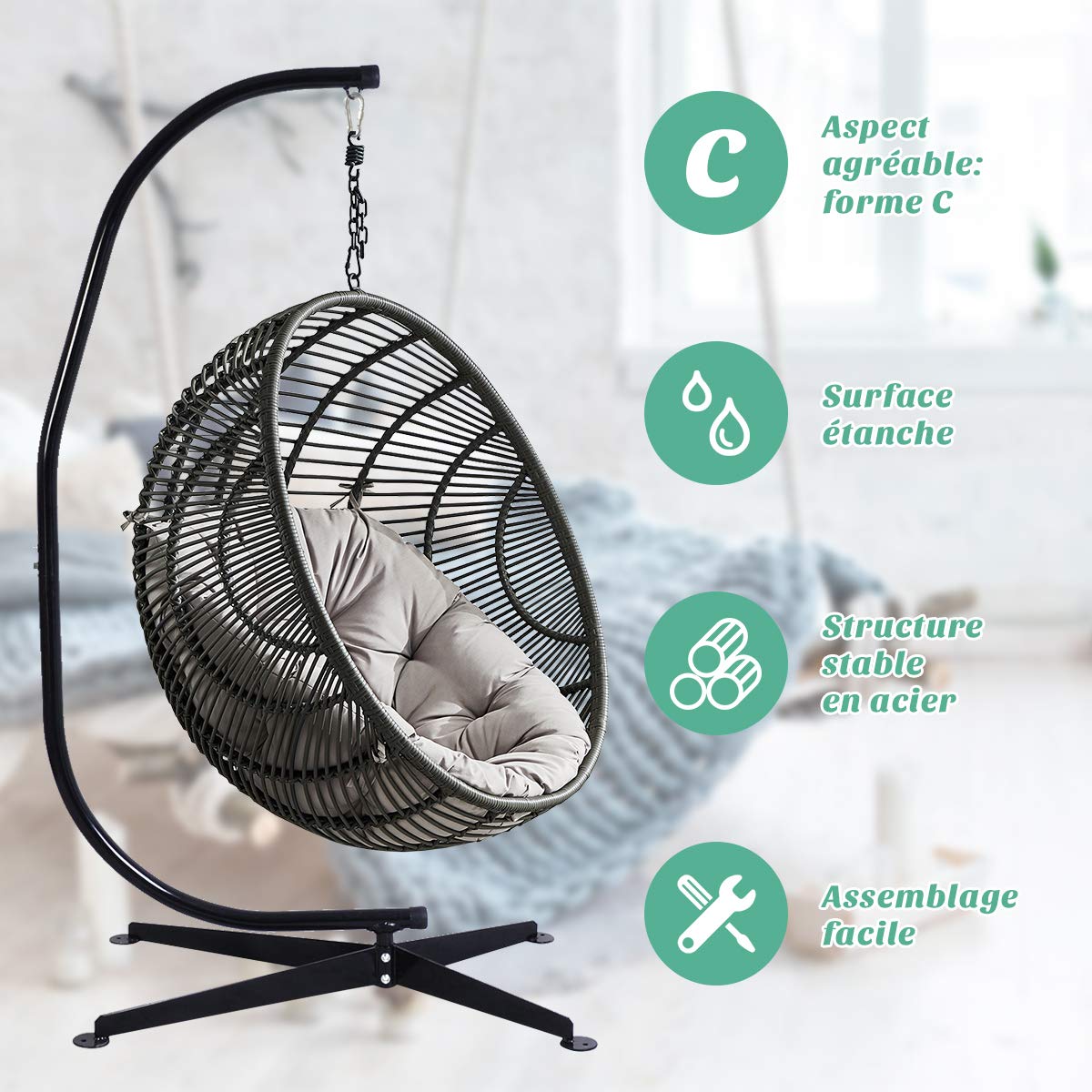 RELAX4LIFE Support Fauteuil Suspendu Pied de Hamac en Acier Robuste Revêtu en Noir Capacité Max 150KG Dimension 112x79x205CM