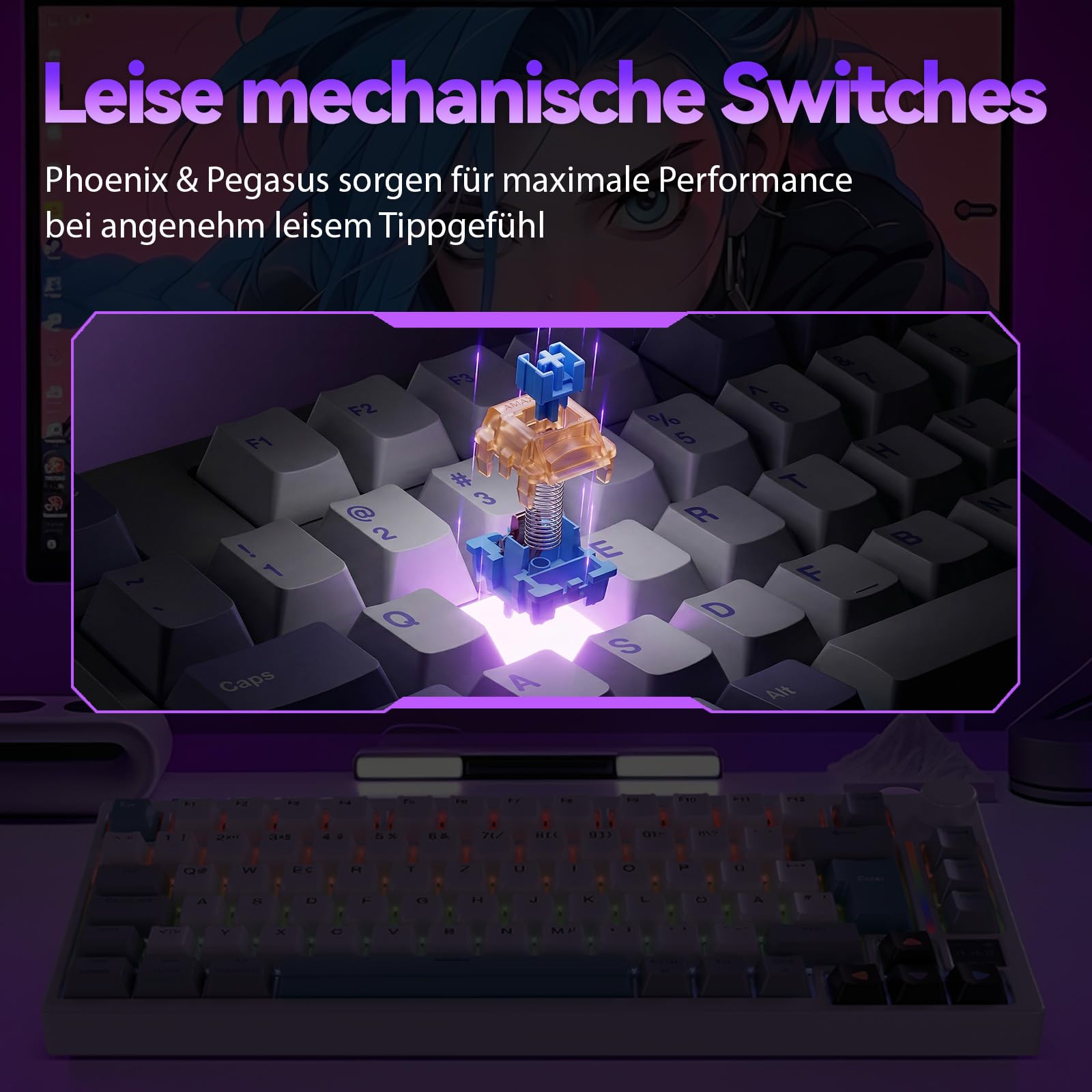 GK GAMAKAY TK75 SOCD 75% Tastiera meccanica silenziosa QWERTZ (layout ISO-DE) con schermo TFT, BT 2,4 GHz USB-C 8 KHz (GamaKay Phoenix Switch)