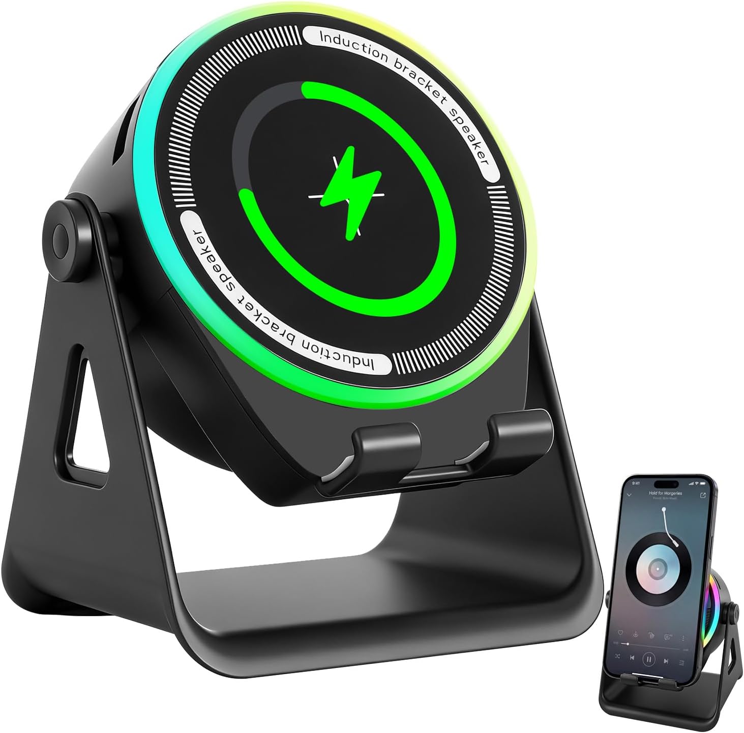 Soporte para altavoz de inducción y soporte para teléfono: soporte de carga inalámbrico con altavoz Bluetooth y luces ambientales, soporte para teléfono multifuncional compatible con iPhone y Android