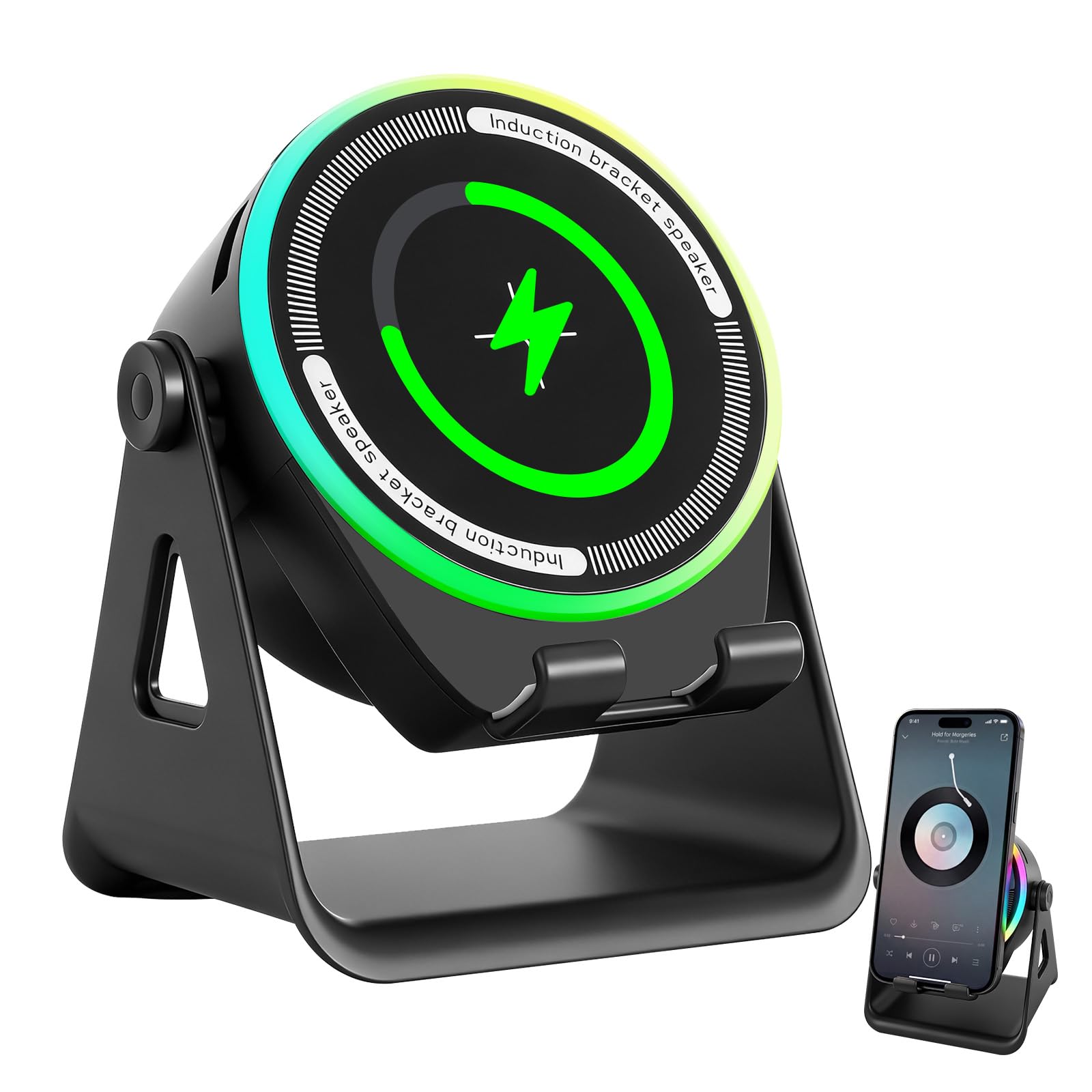 GFJryET Wireless speaker stand, Induction Speaker with Phone Holder - Wireless Charging Stand with Bluetooth & Atmosphere Lights(Black)