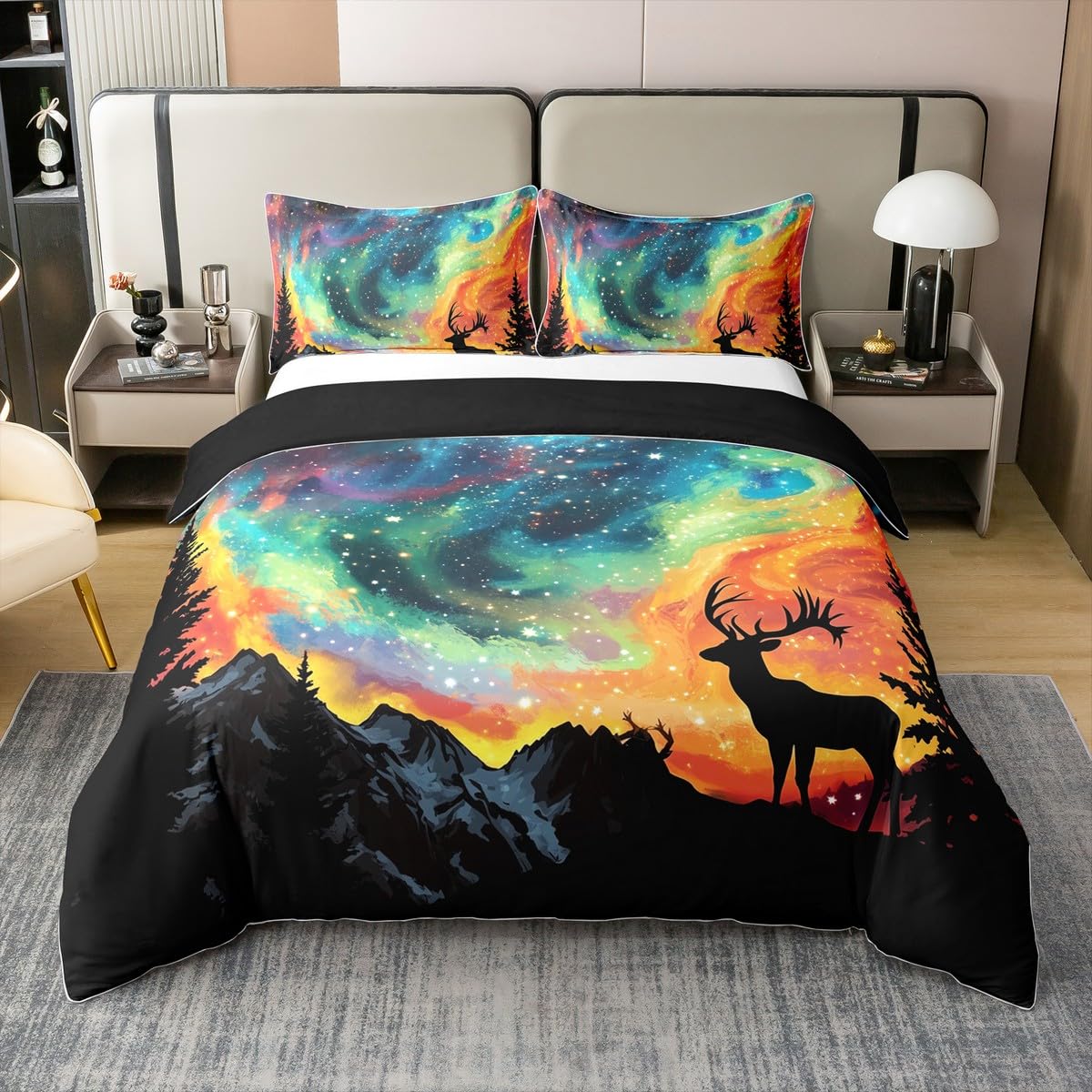 feelingyou Starry Sky Pure Cotton Duvet Cover King,Mystery Universe Galaxy Soft Bedding Set,Deer Antler Silhouette Comforter Cover 3 Pcs (No Comforter),Jungle Safari Animals Quilt Cover,2 Pillowcases