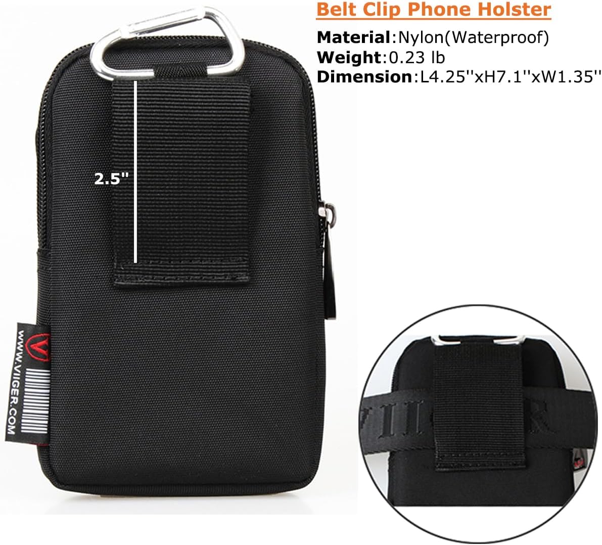 VIIGER Versatile Nylon Dual Phone Holster Cellphone Belt Case Holder Mens Belt Pouch w/Clip Smartphone Belt Loop Pouch Bag 2 Zipper Pockets Compatible with iPhone 17 Pro Max Case S25 Ultra, Black - Image 4
