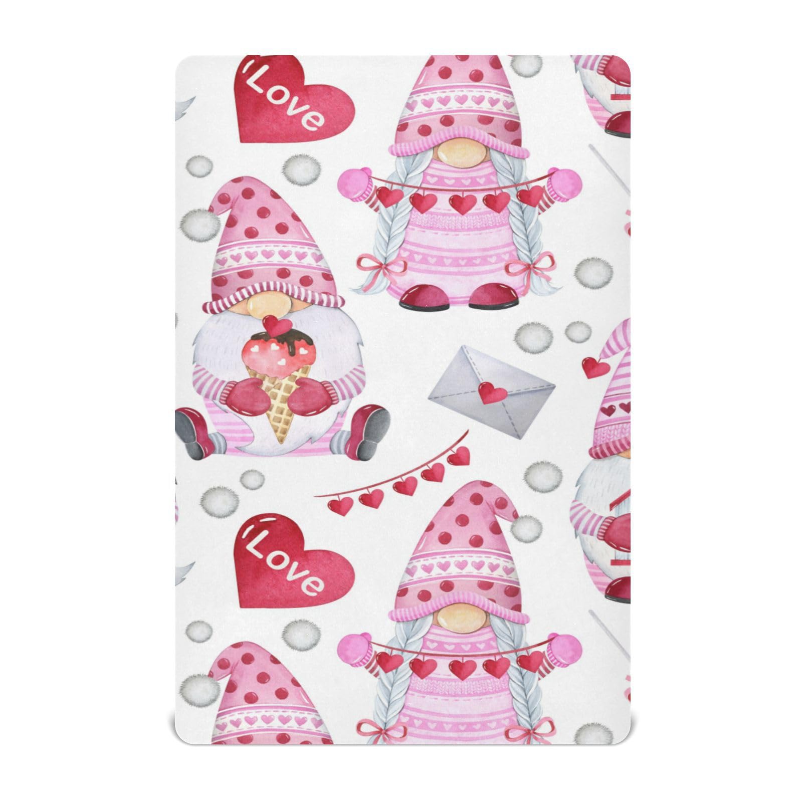 Moudou Valentine's Day Gnome Playard Sheet for Boy Girls, Soft Breathable Fitted Toddler Sheet for Standard Playard Bed Mattress, 39 x 27 x 5 Inch